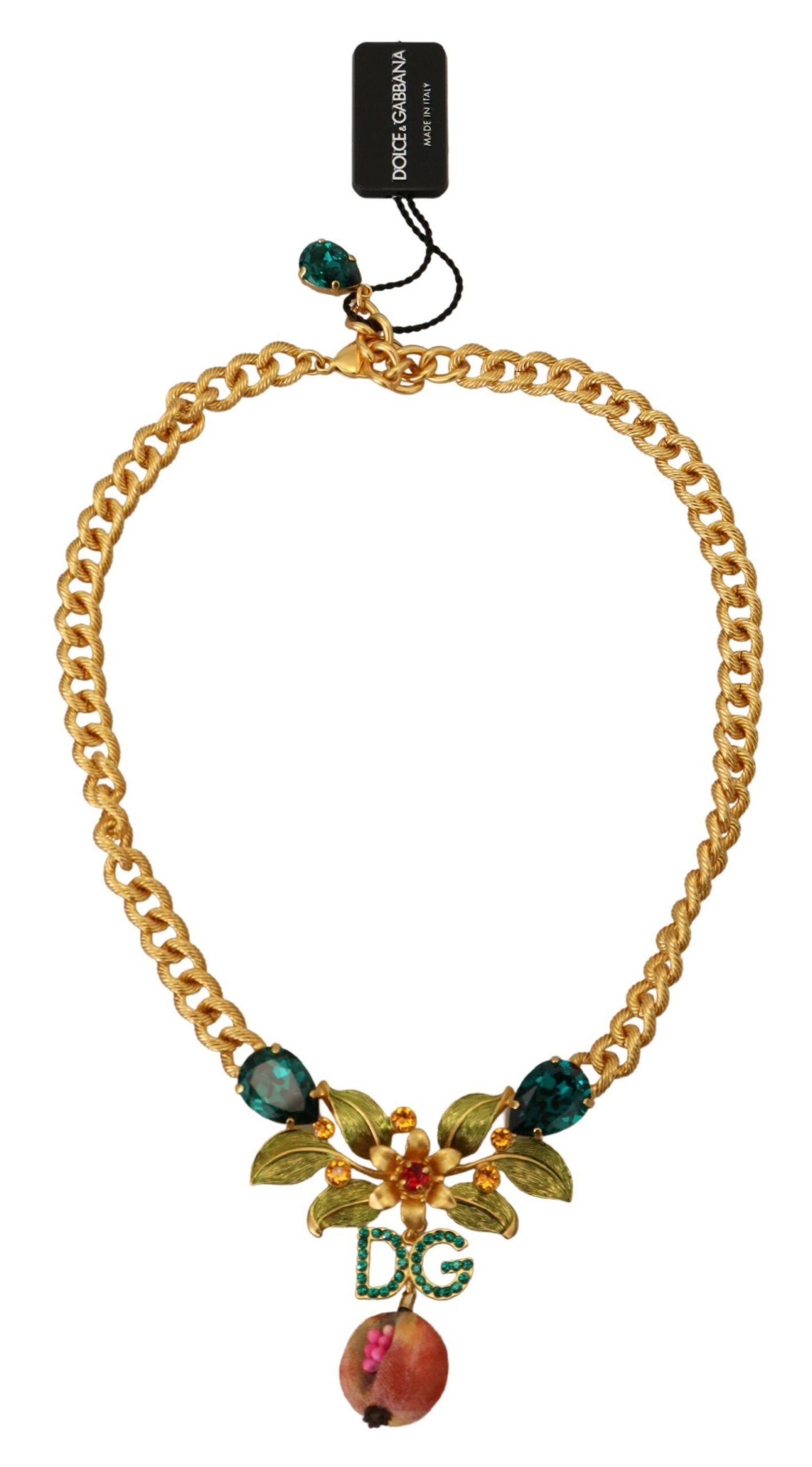 Gold Brass Crystal Logo Fruit Floral Statement Necklace - ventzia