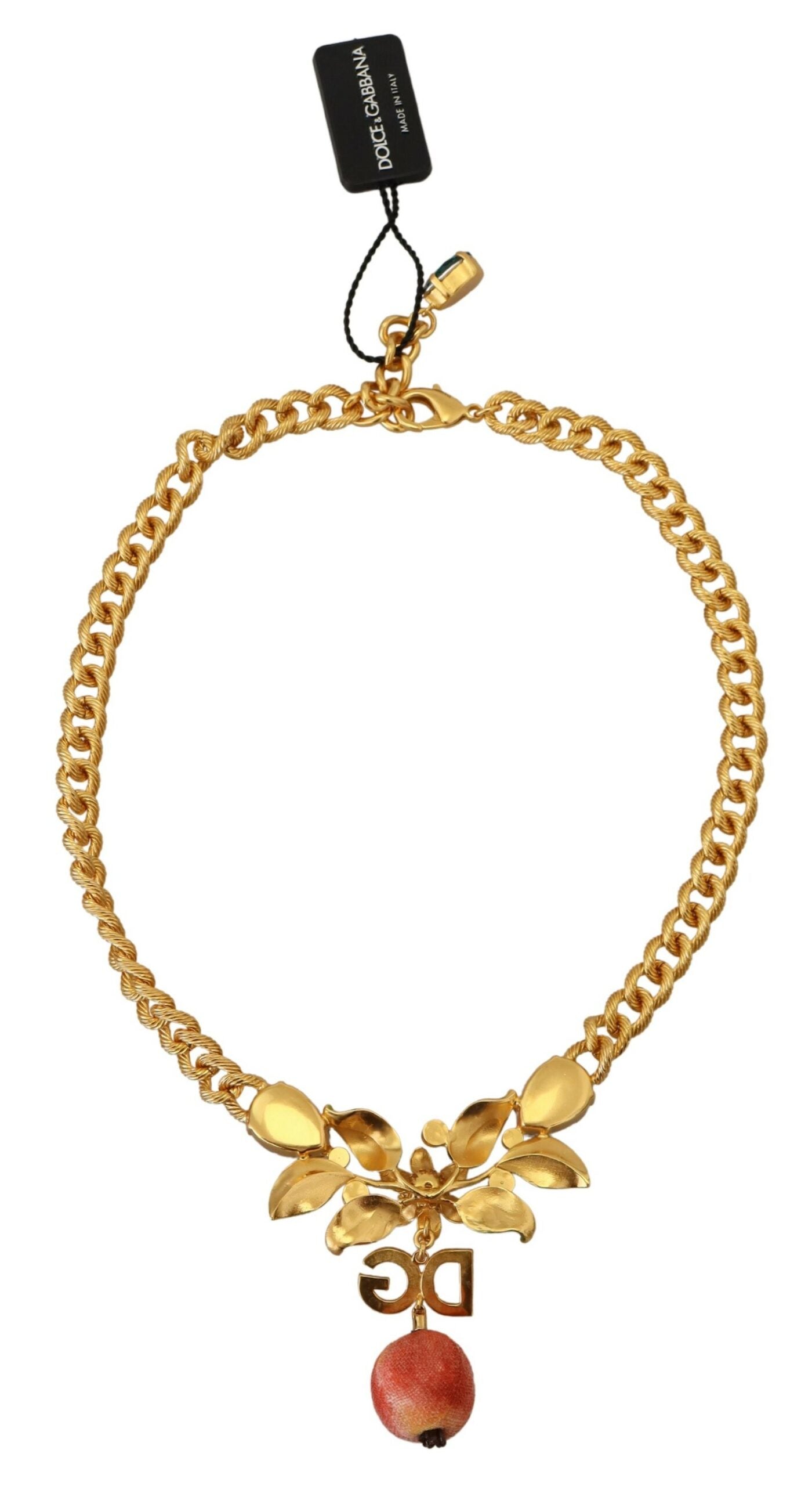 Gold Brass Crystal Logo Fruit Floral Statement Necklace - ventzia