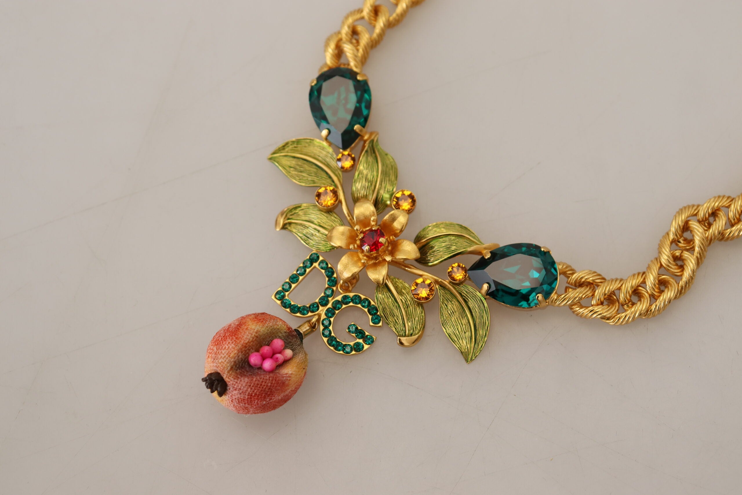 Gold Brass Crystal Logo Fruit Floral Statement Necklace - ventzia