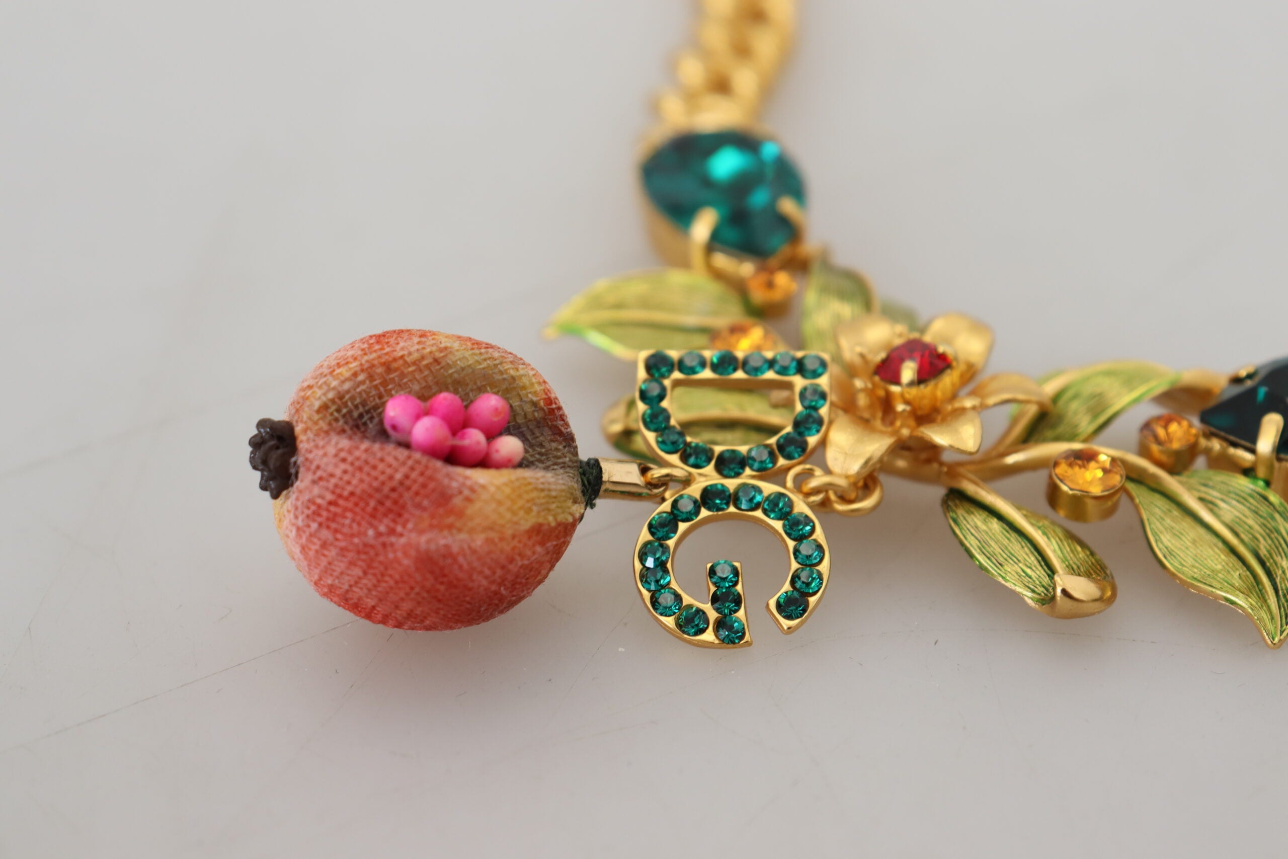 Gold Brass Crystal Logo Fruit Floral Statement Necklace - ventzia