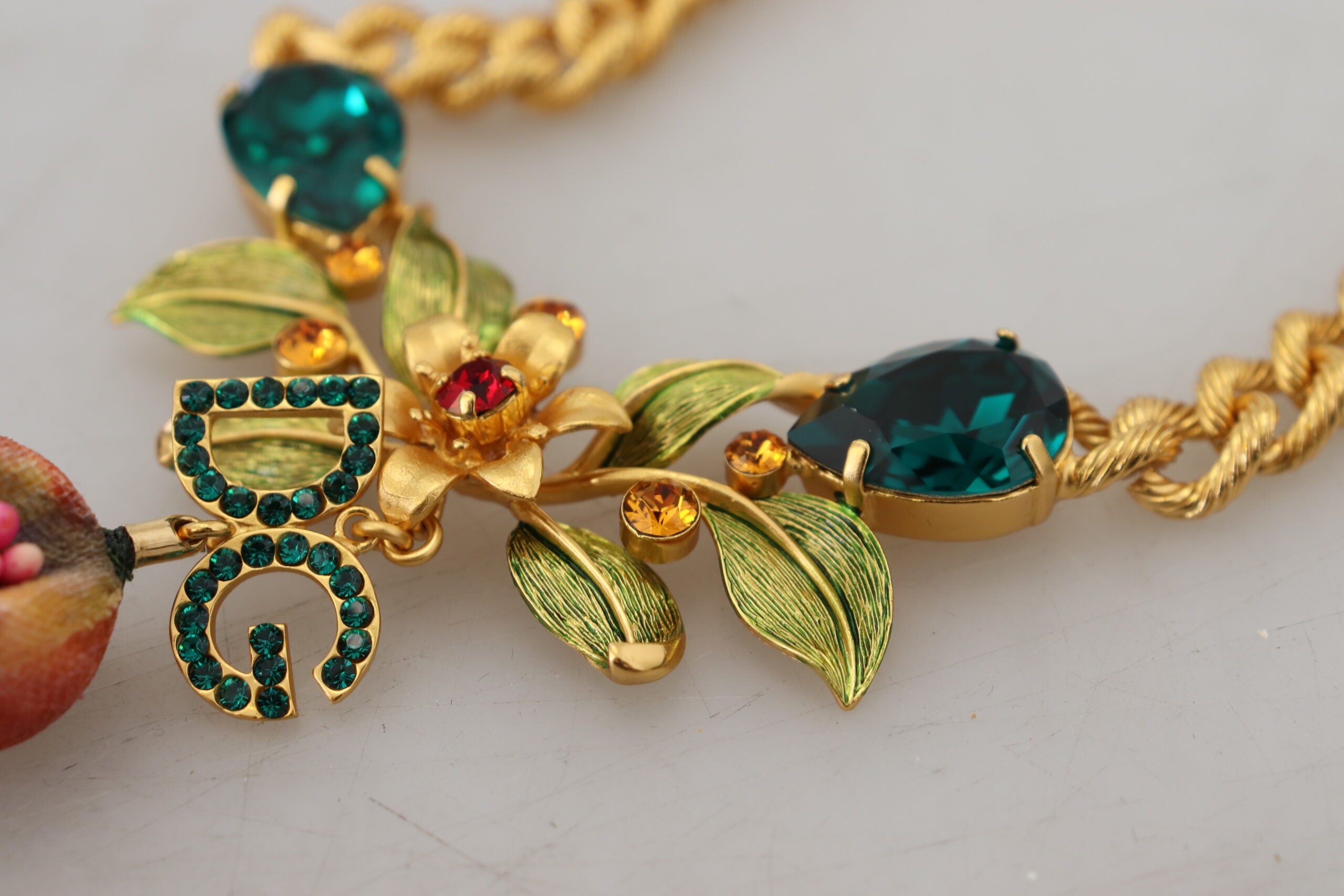 Gold Brass Crystal Logo Fruit Floral Statement Necklace - ventzia
