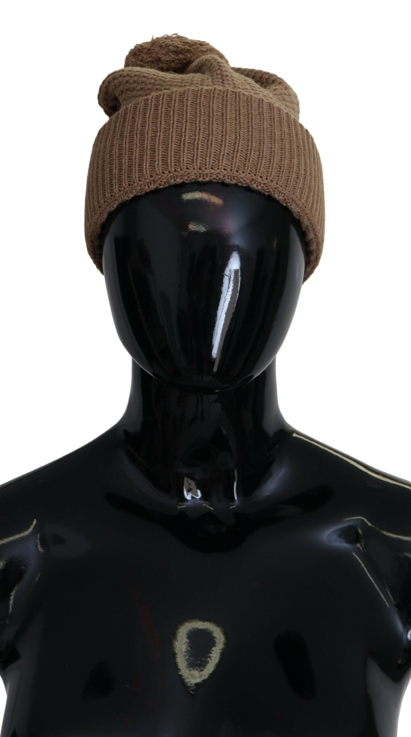Brown Solid Knitted Fur Ball Winter Beanie Hat - ventzia