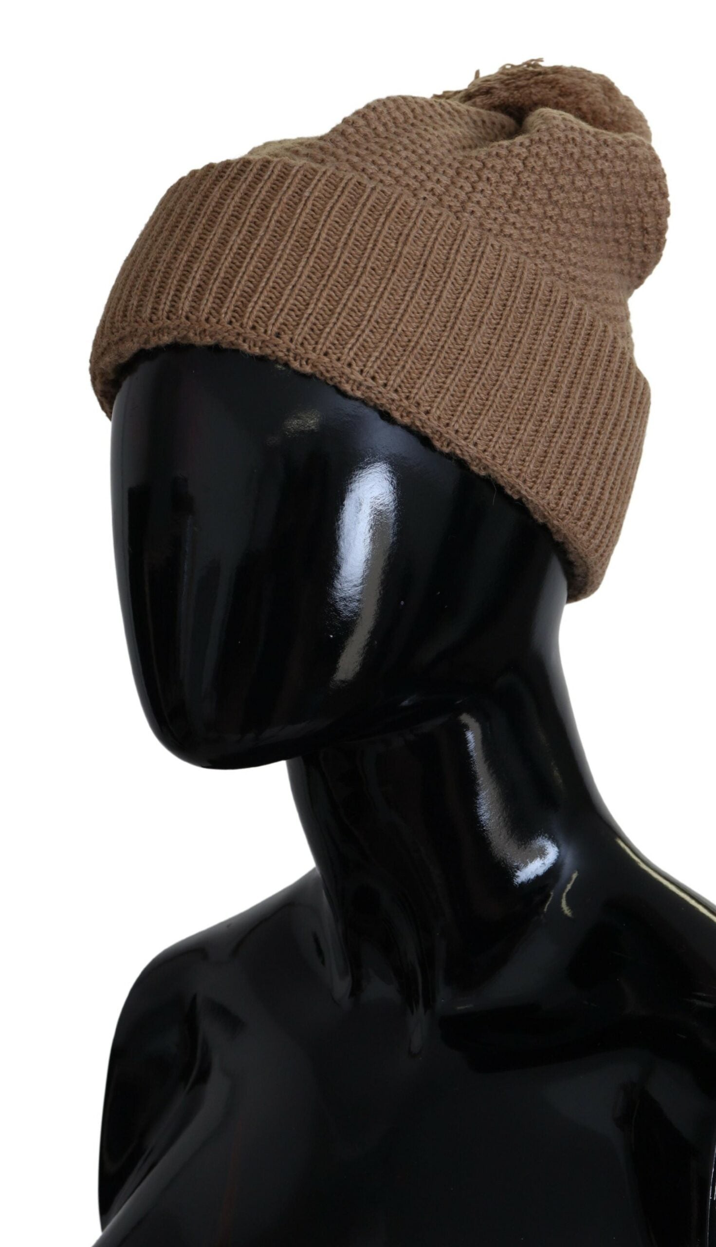 Brown Solid Knitted Fur Ball Winter Beanie Hat - ventzia