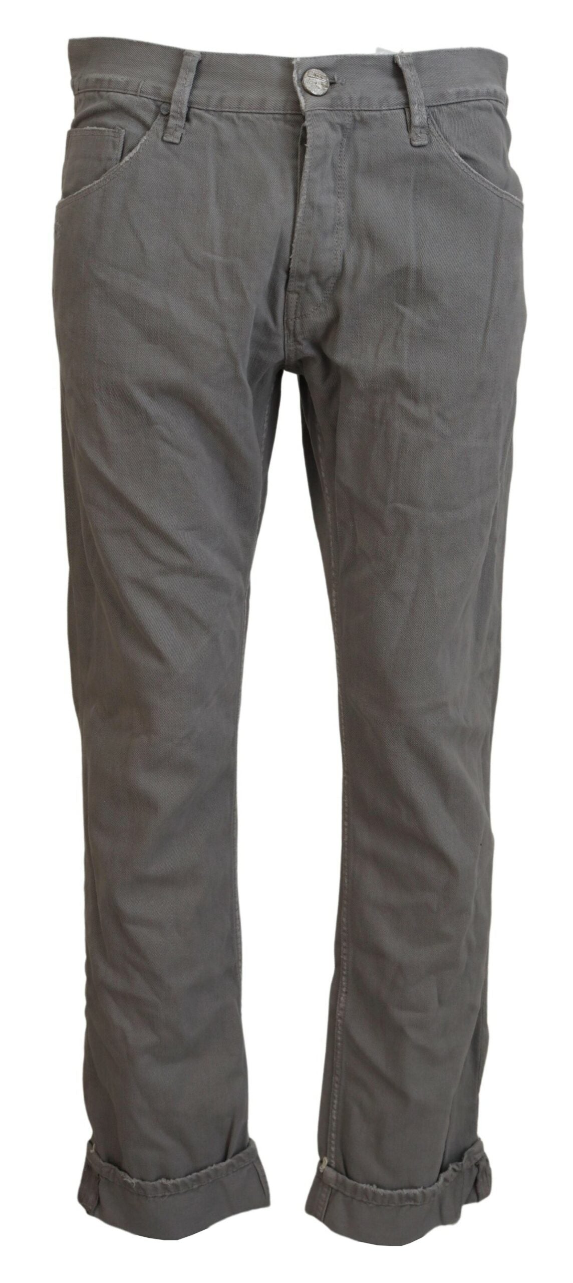 Gray Cotton Straight Fit Folded Hem Casual Denim Jeans - ventzia
