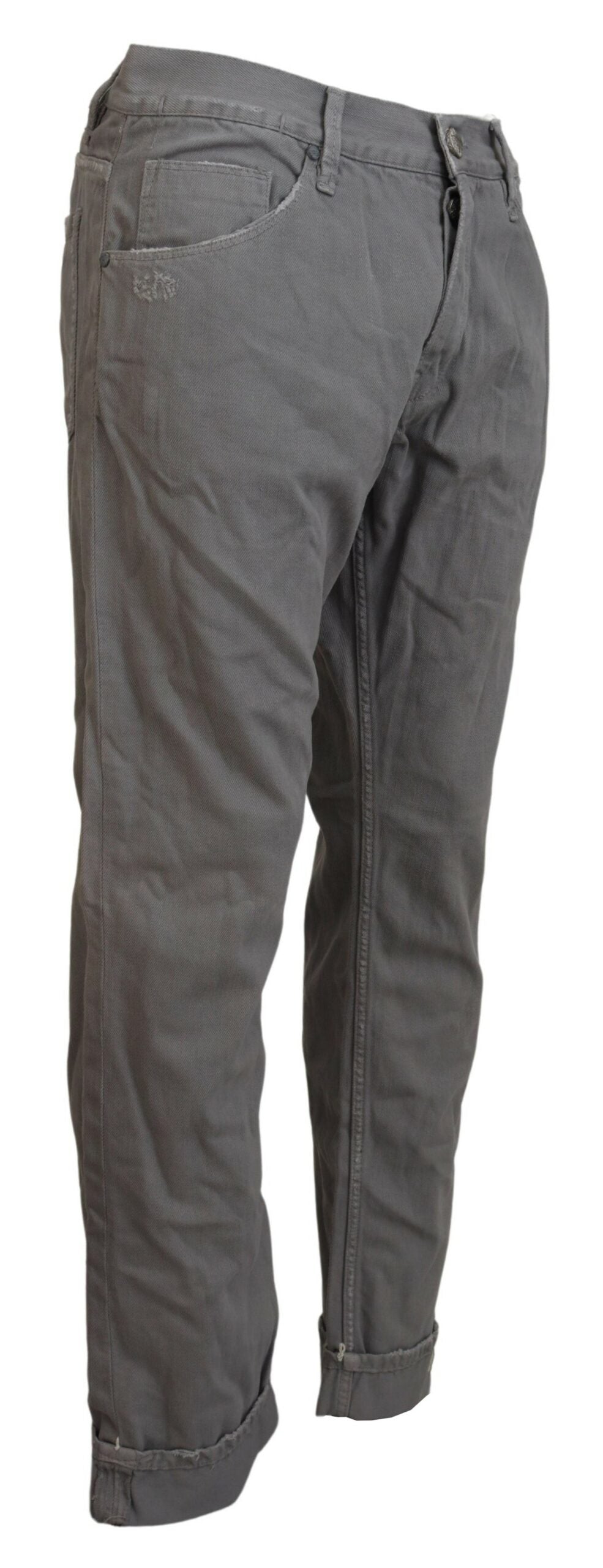Gray Cotton Straight Fit Folded Hem Casual Denim Jeans - ventzia