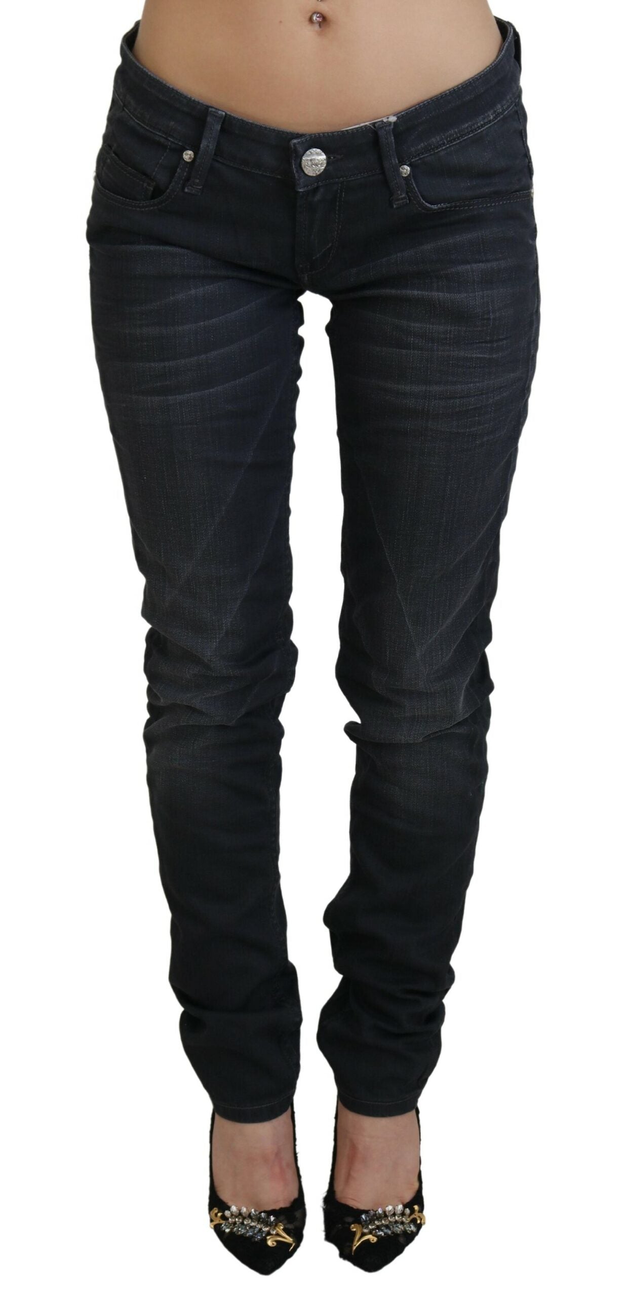 Black Washed Low Waist Slim Fit Cotton Denim Jeans - ventzia