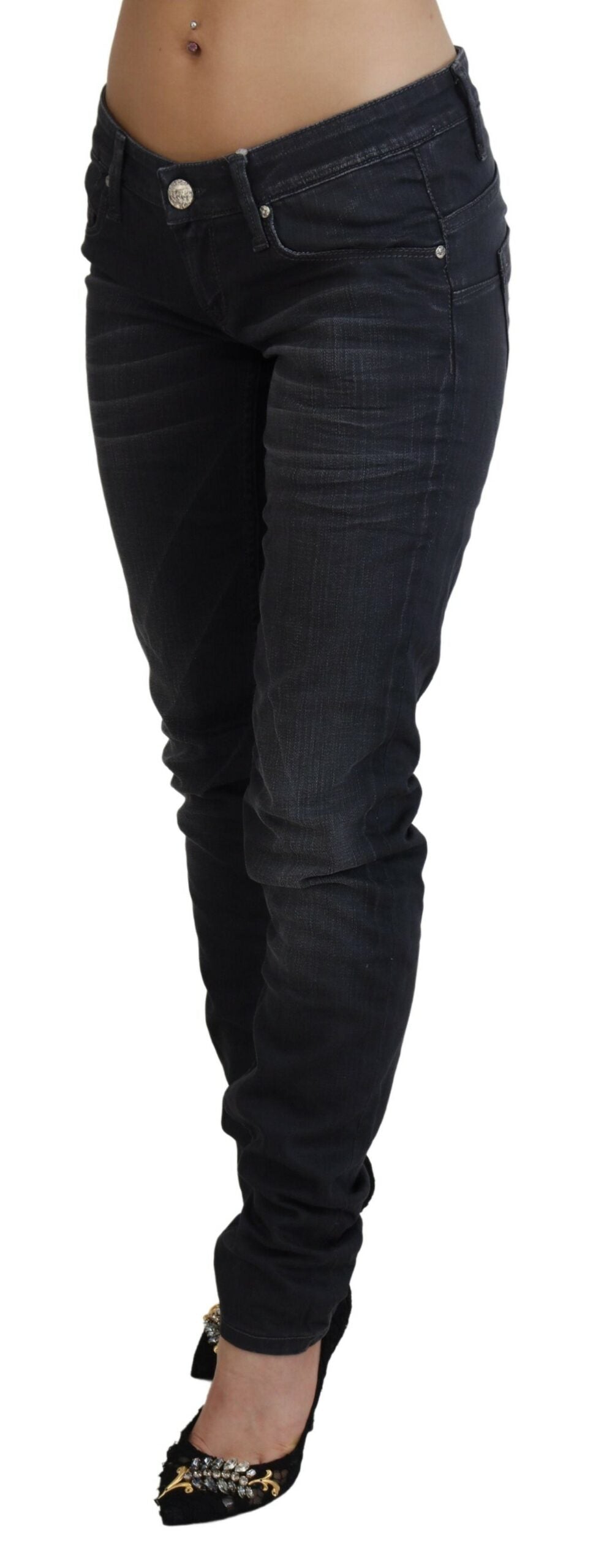 Black Washed Low Waist Slim Fit Cotton Denim Jeans - ventzia