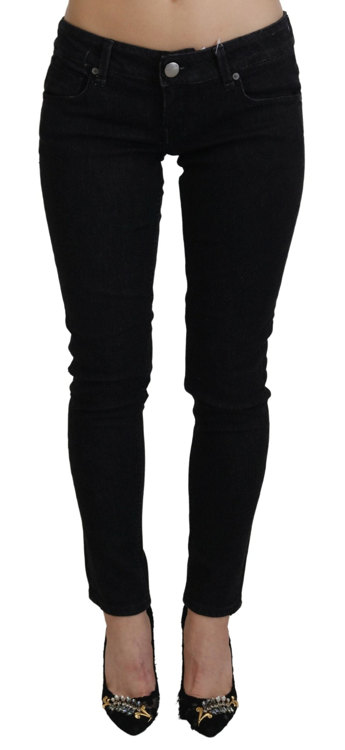Black Low Waist Slim Fit Cotton Denim Jeans - ventzia