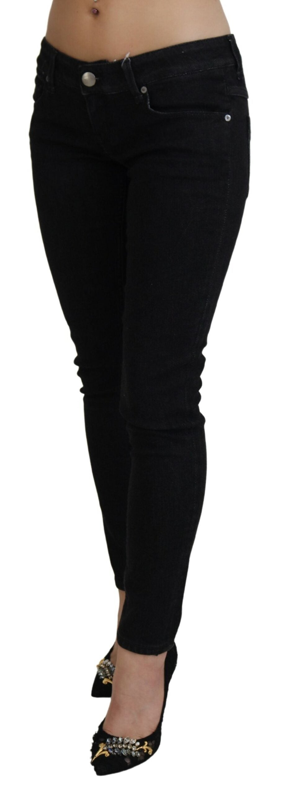 Black Low Waist Slim Fit Cotton Denim Jeans - ventzia