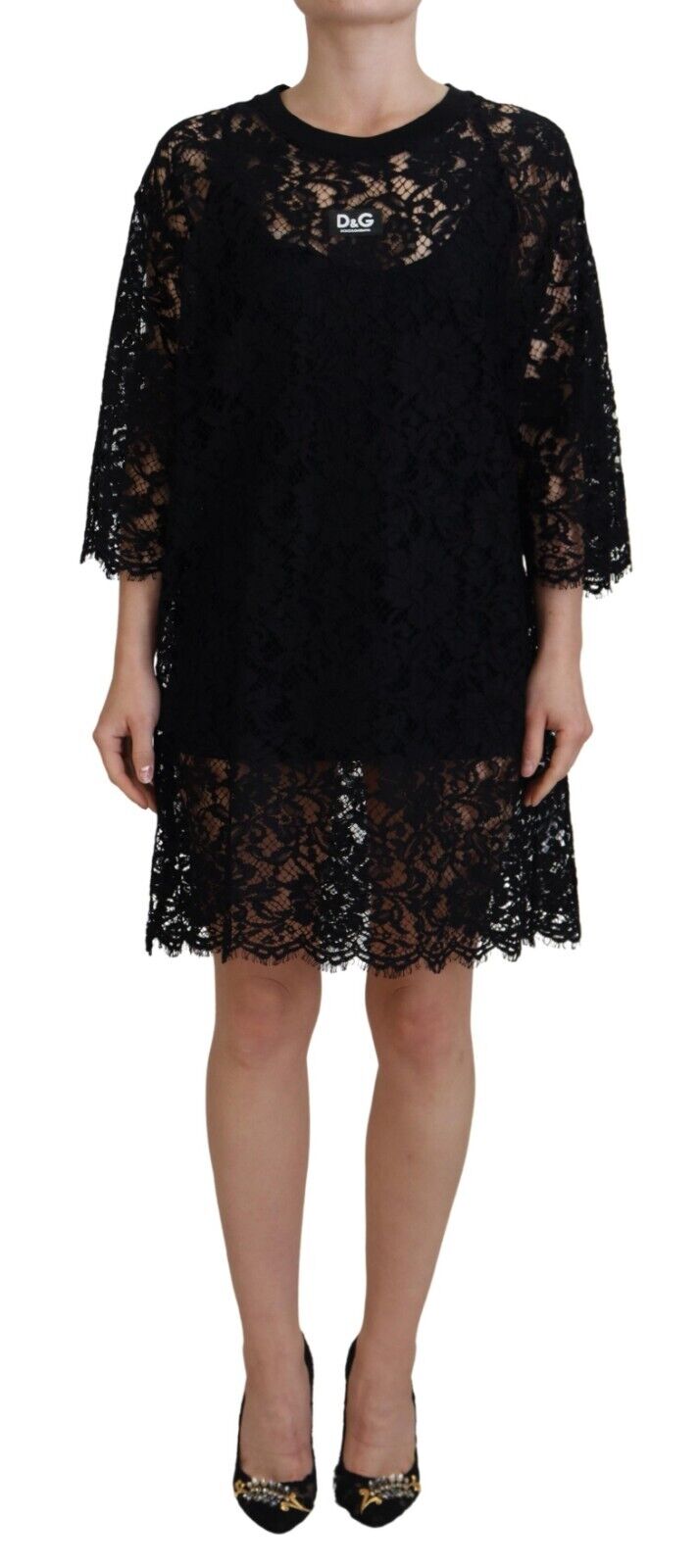 Black Floral Lace Cotton Shift Mini Dress - ventzia