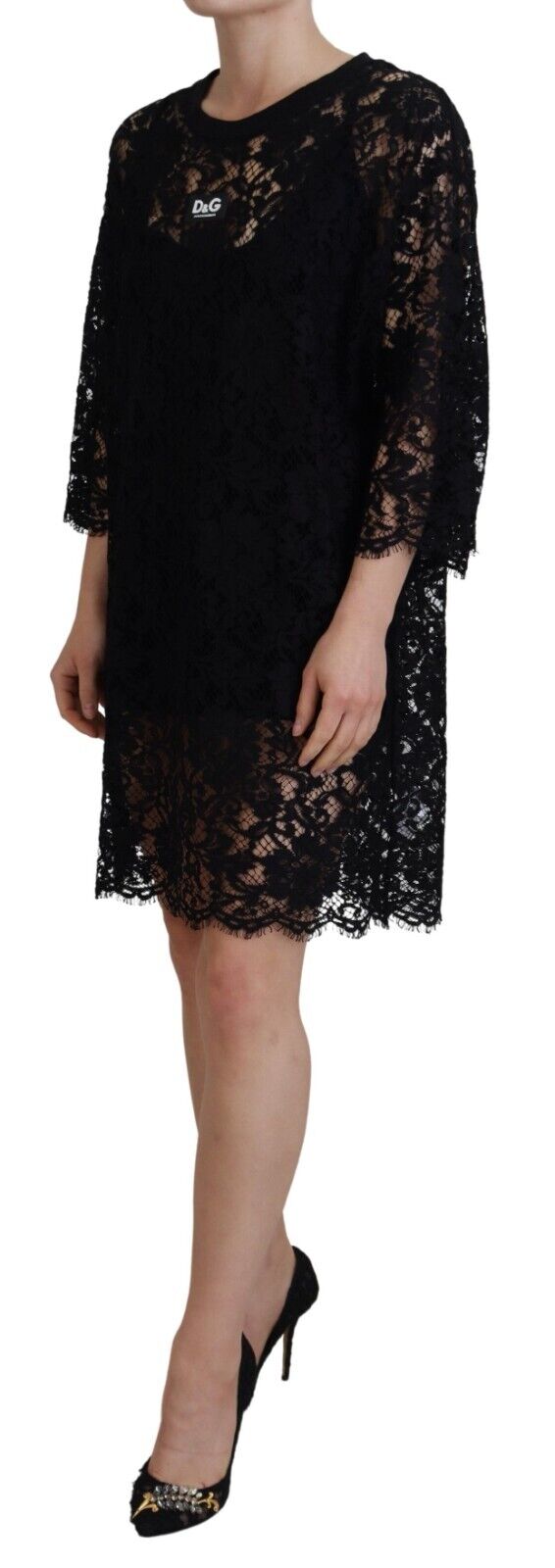 Black Floral Lace Cotton Shift Mini Dress - ventzia