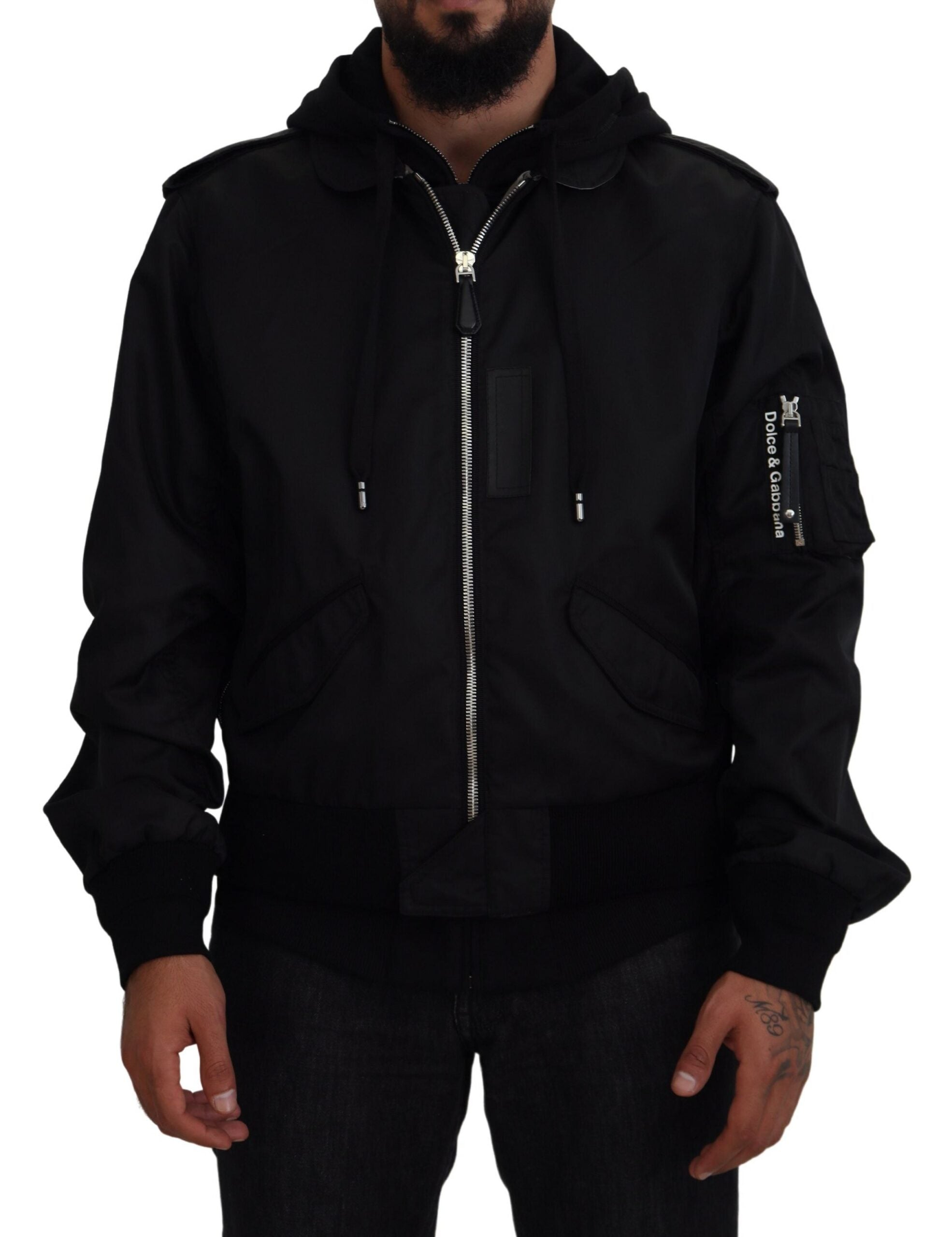 Black Nylon Hooded Full Zip Men Coat Jacket - ventzia