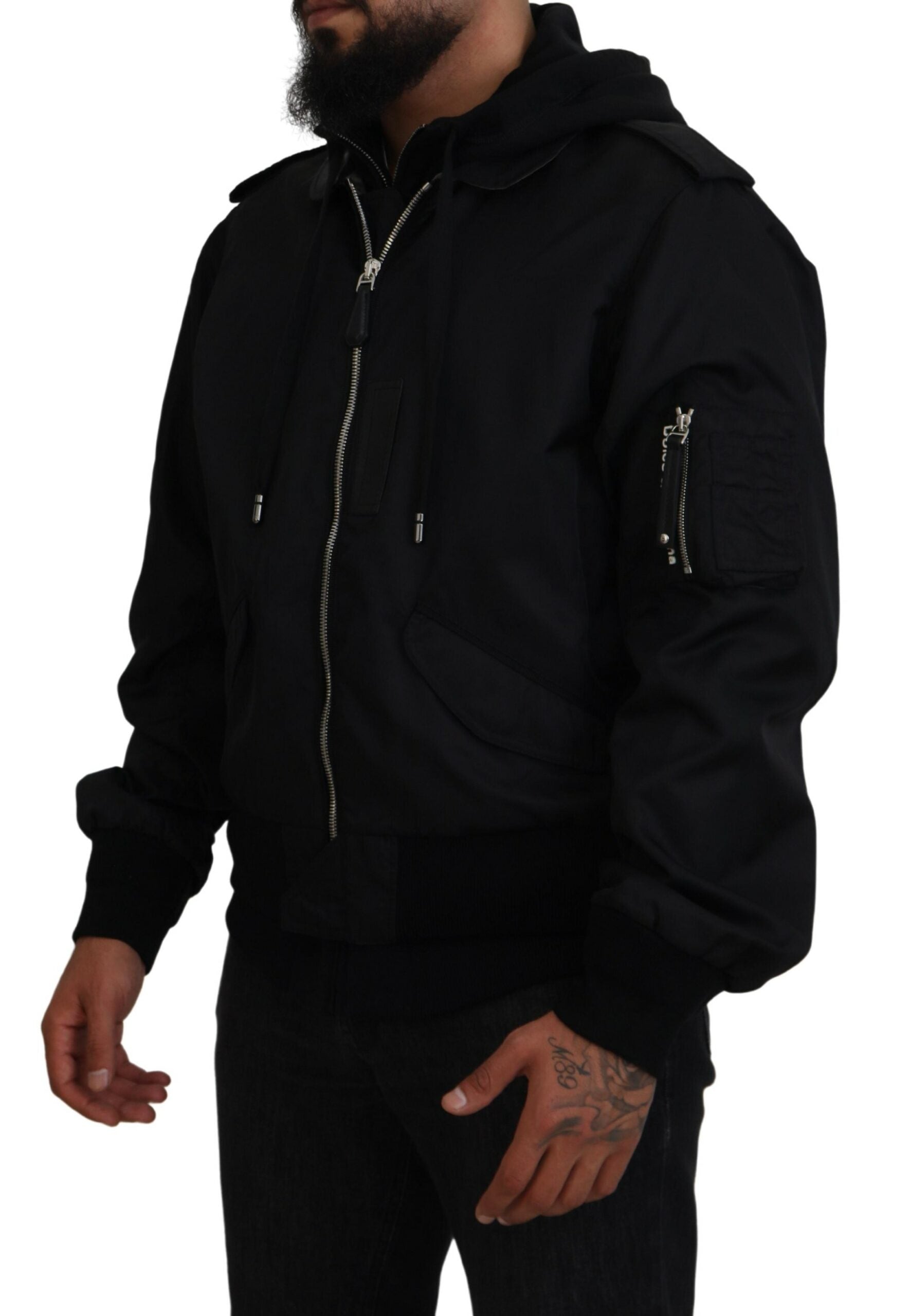 Black Nylon Hooded Full Zip Men Coat Jacket - ventzia