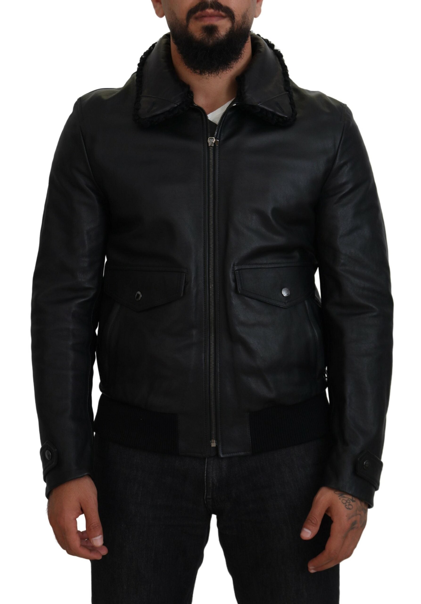 Black Lamb Leather Collared Men Coat Jacket - ventzia