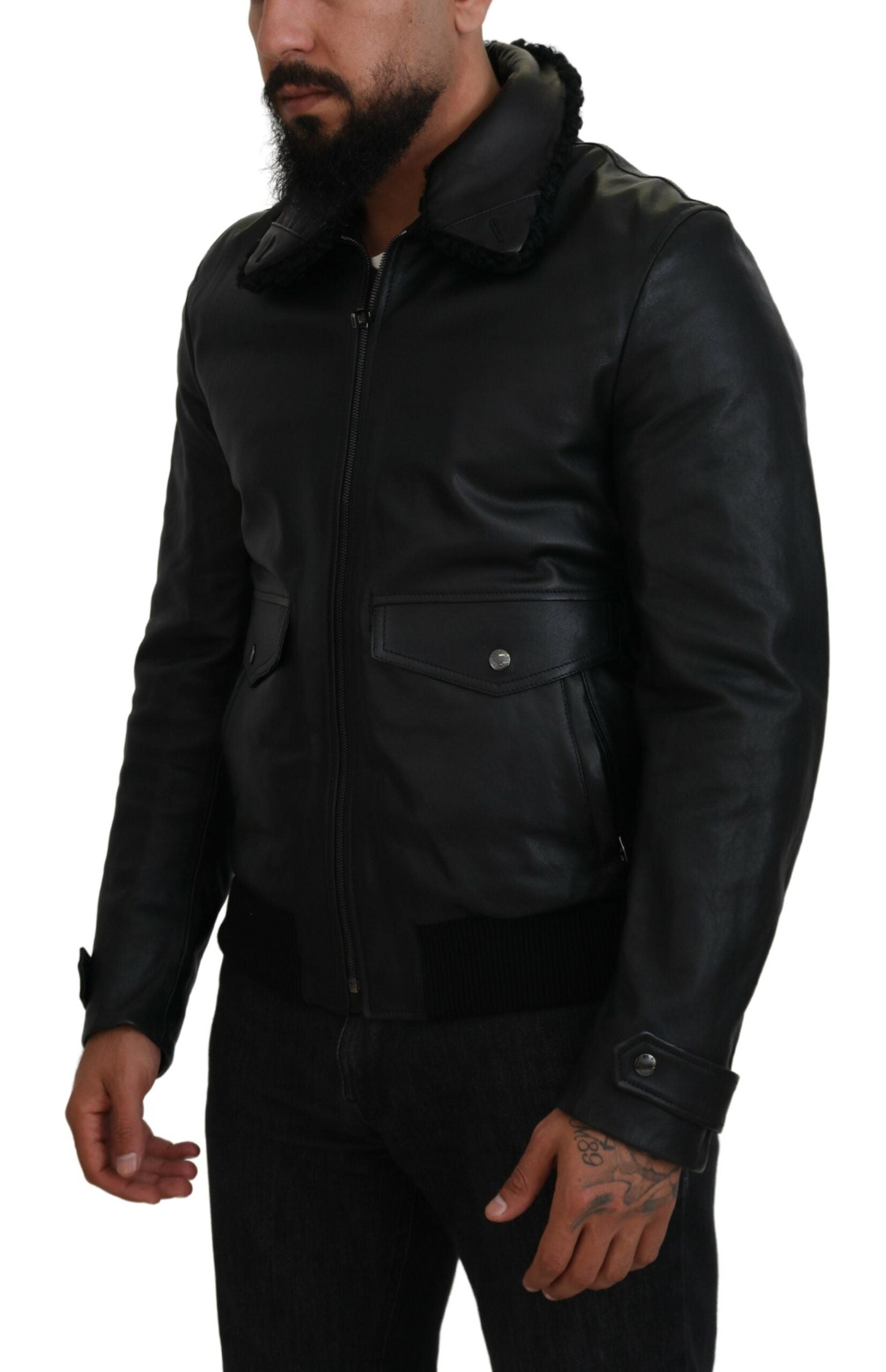 Black Lamb Leather Collared Men Coat Jacket - ventzia