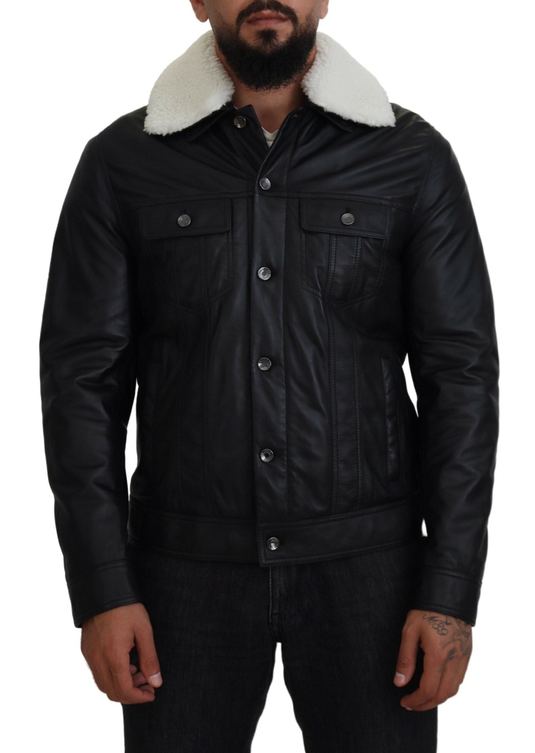 Black Lamb Leather Collared Men Coat Jacket - ventzia