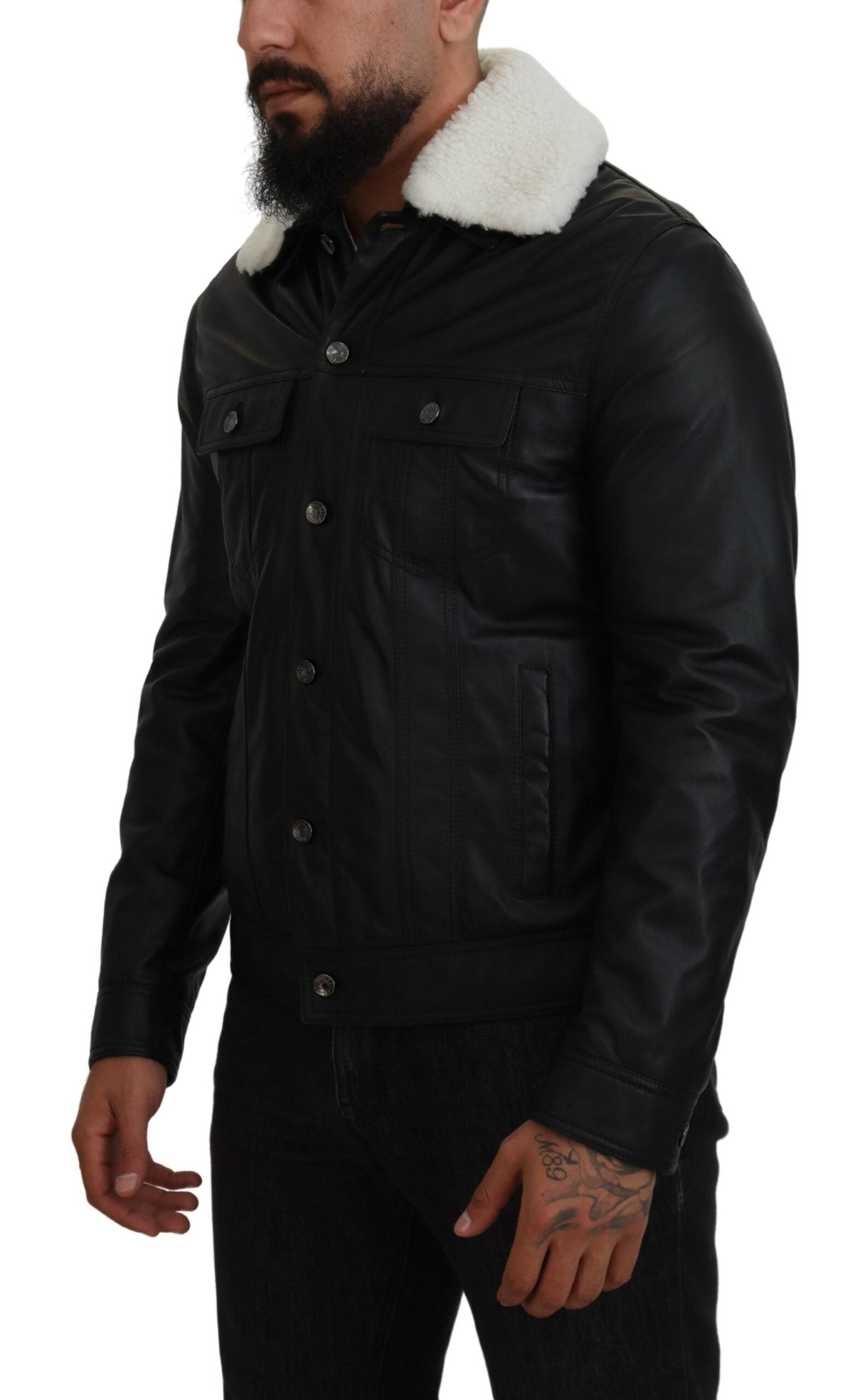 Black Lamb Leather Collared Men Coat Jacket - ventzia