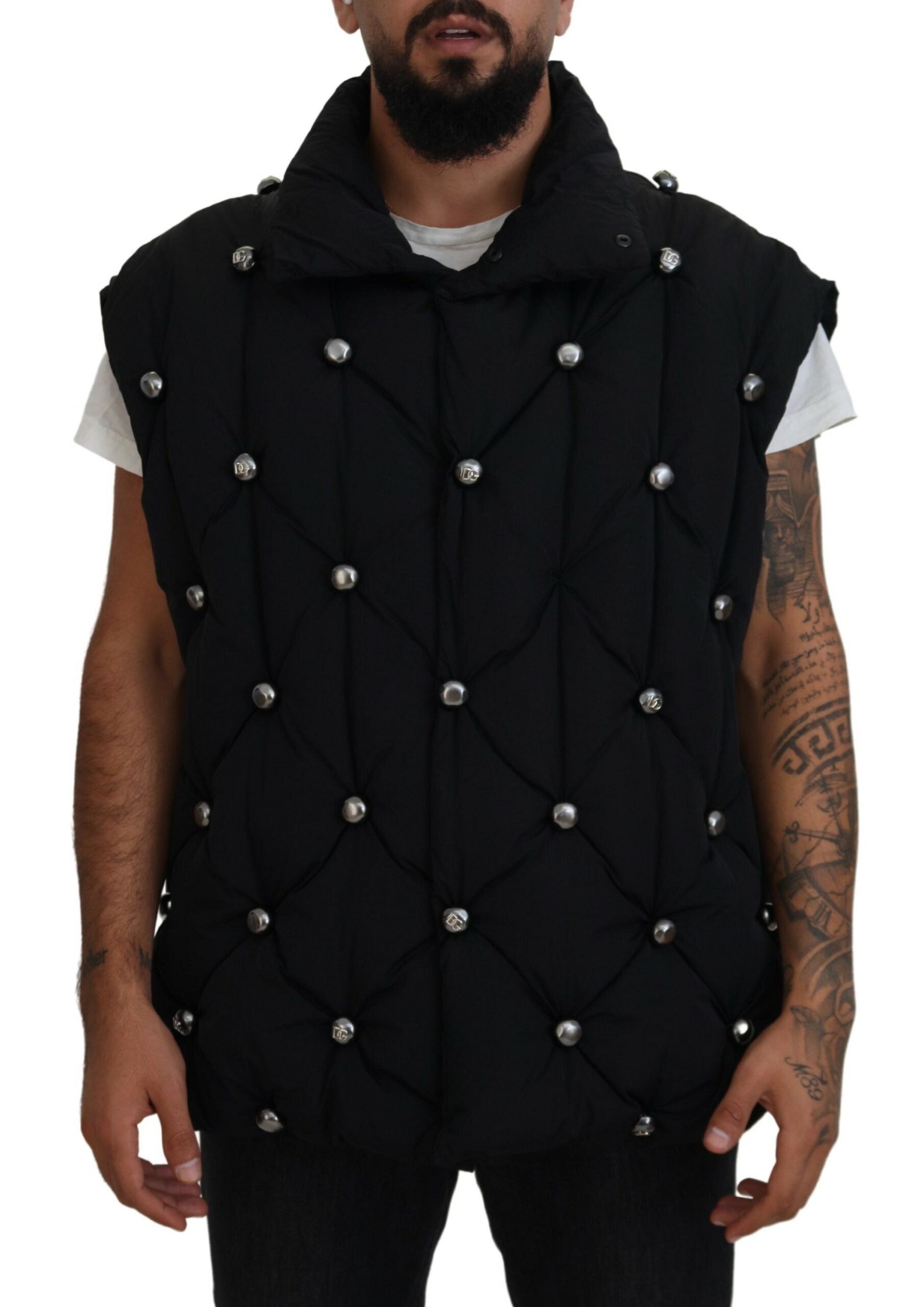 Black Sleeveless DG Metal Embellishment Jacket - ventzia