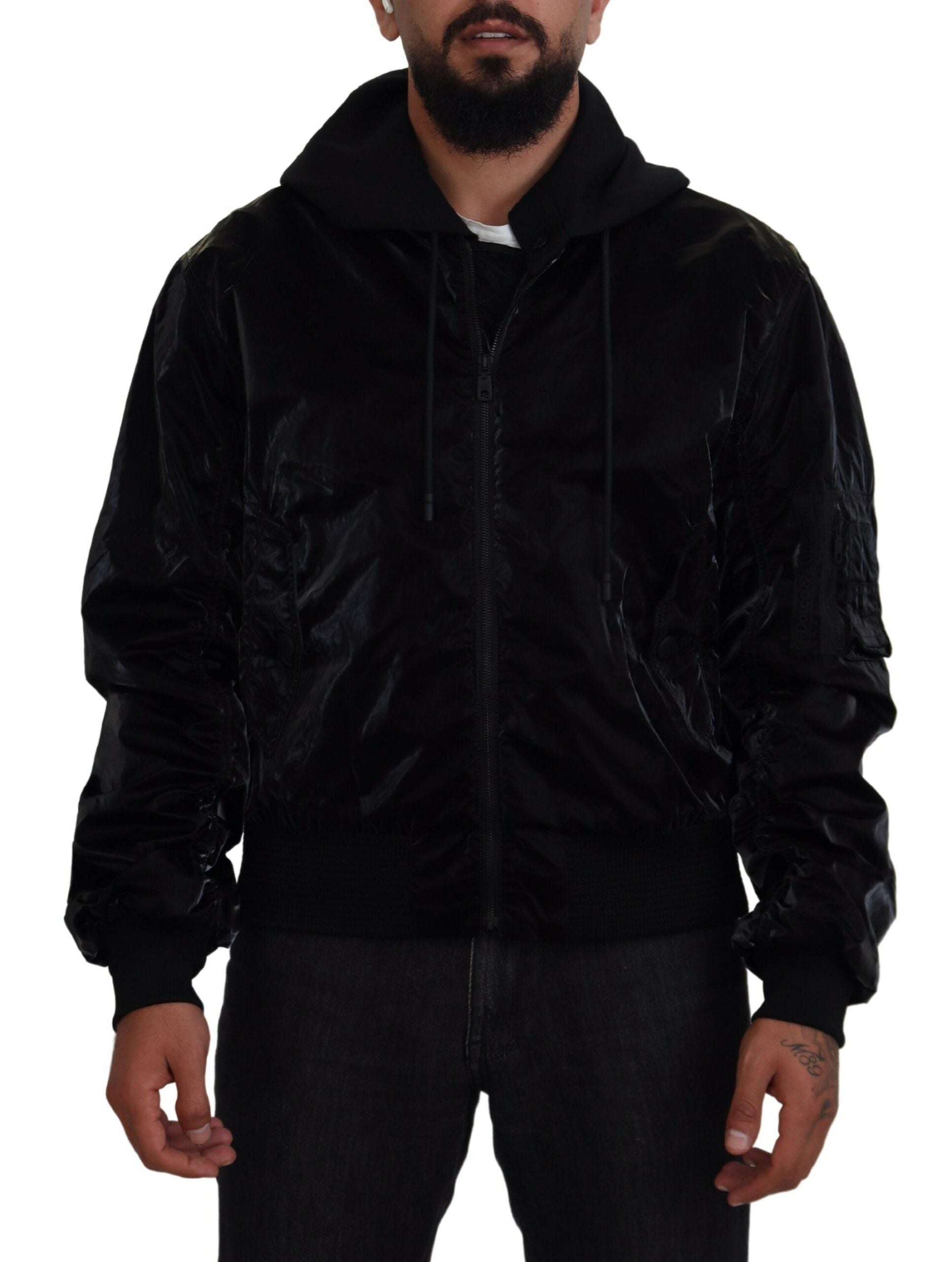 Black Nylon Hooded Full Zip Bomber Jacket - ventzia