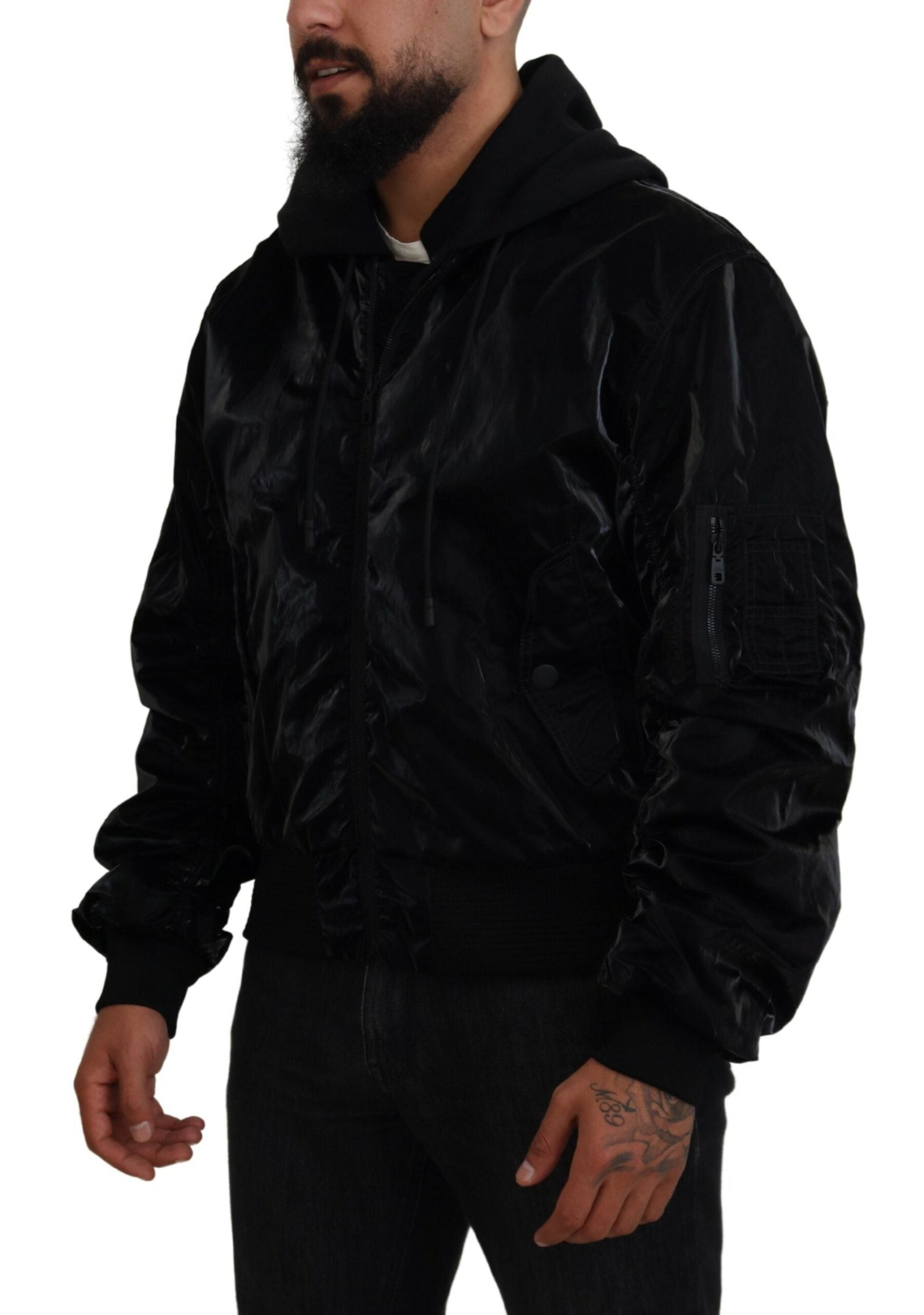 Black Nylon Hooded Full Zip Bomber Jacket - ventzia