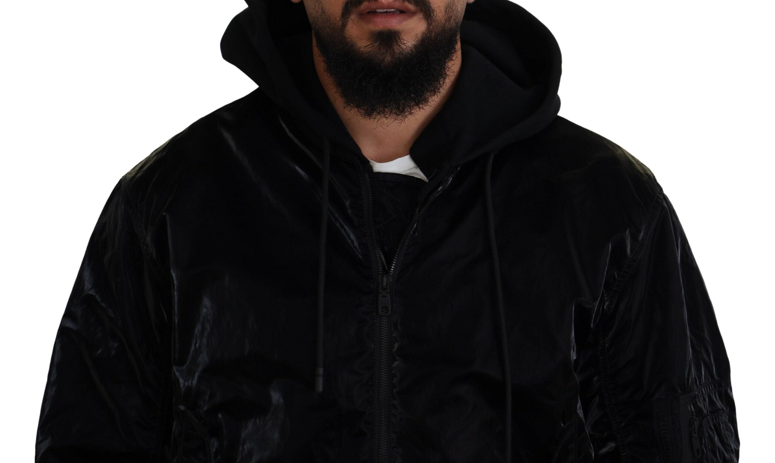 Black Nylon Hooded Full Zip Bomber Jacket - ventzia