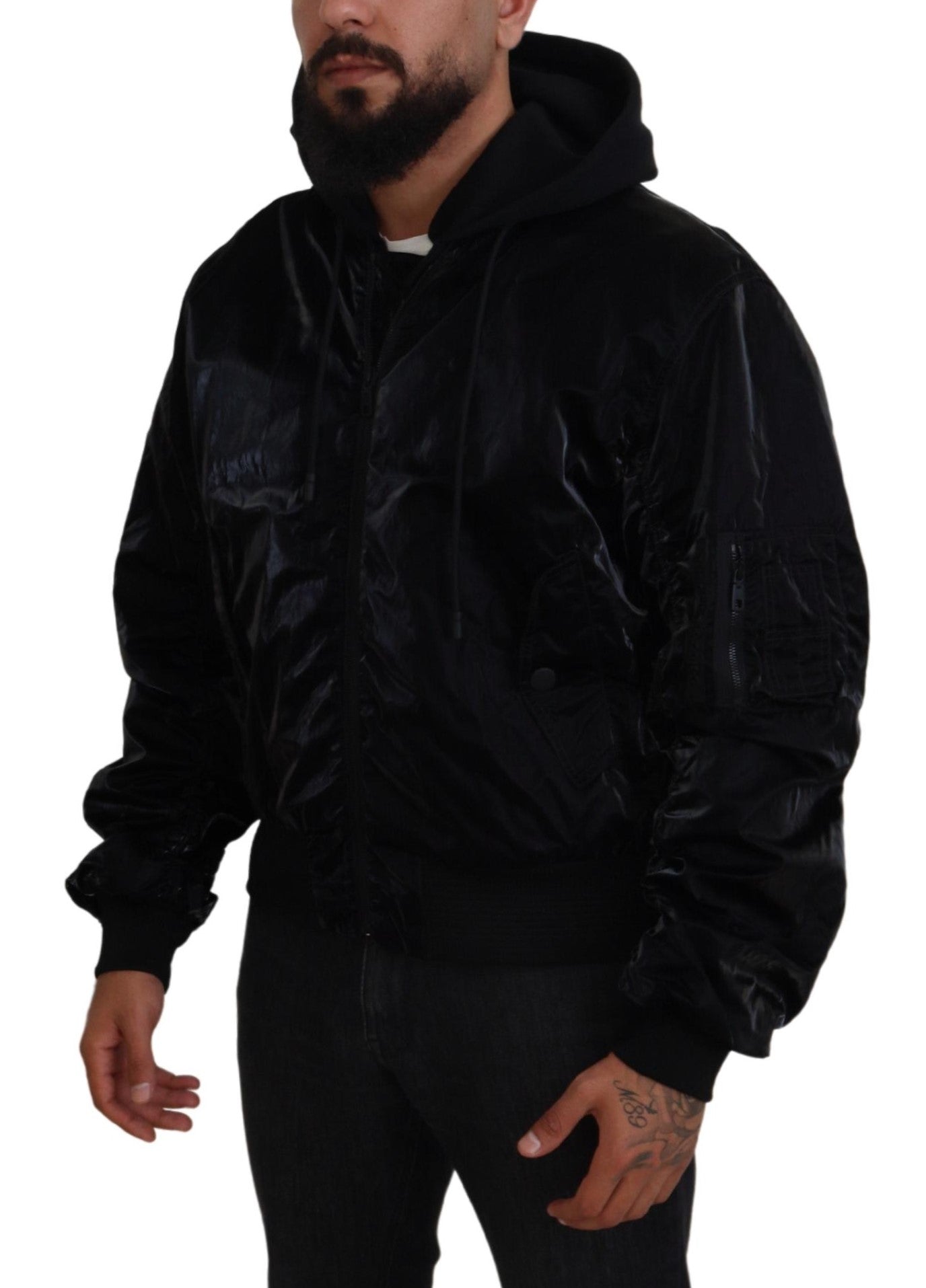 Black Nylon Hooded Full Zip Bomber Jacket - ventzia