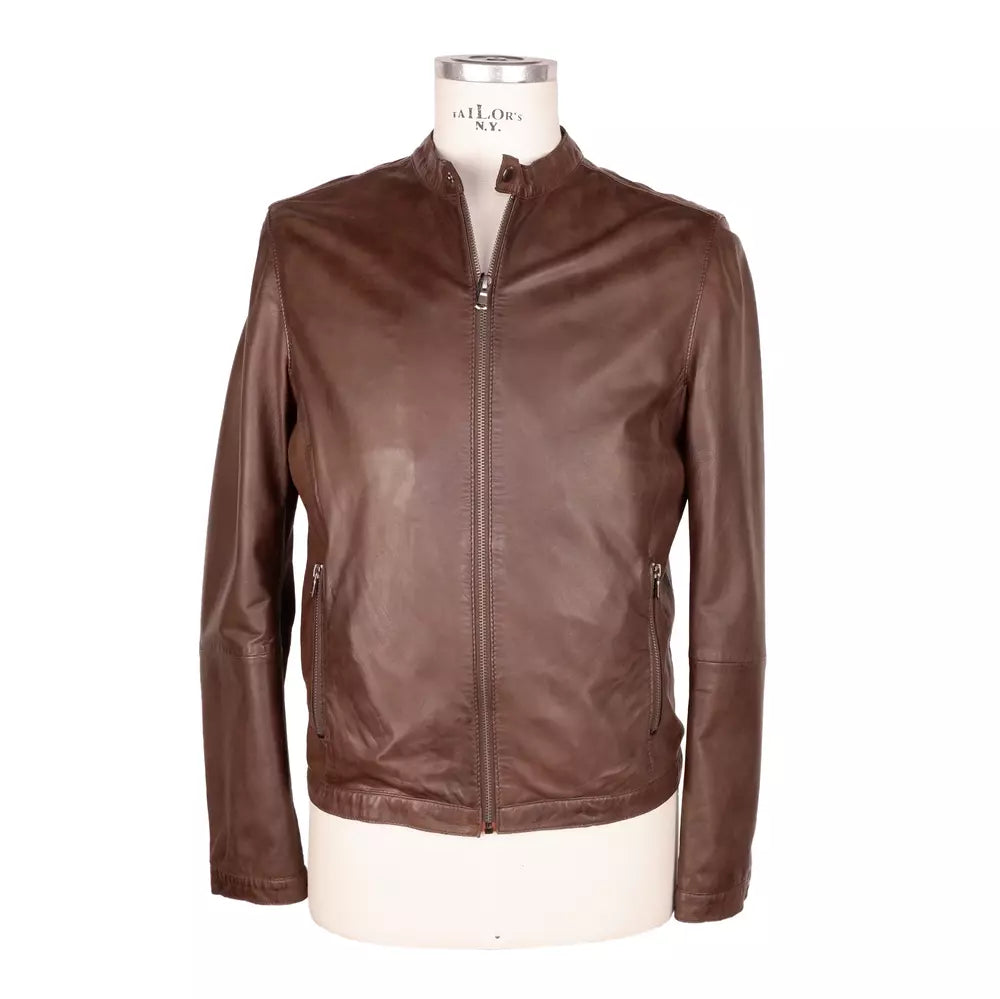 Elegant Brown Leather Jacket with Snap Collar - ventzia
