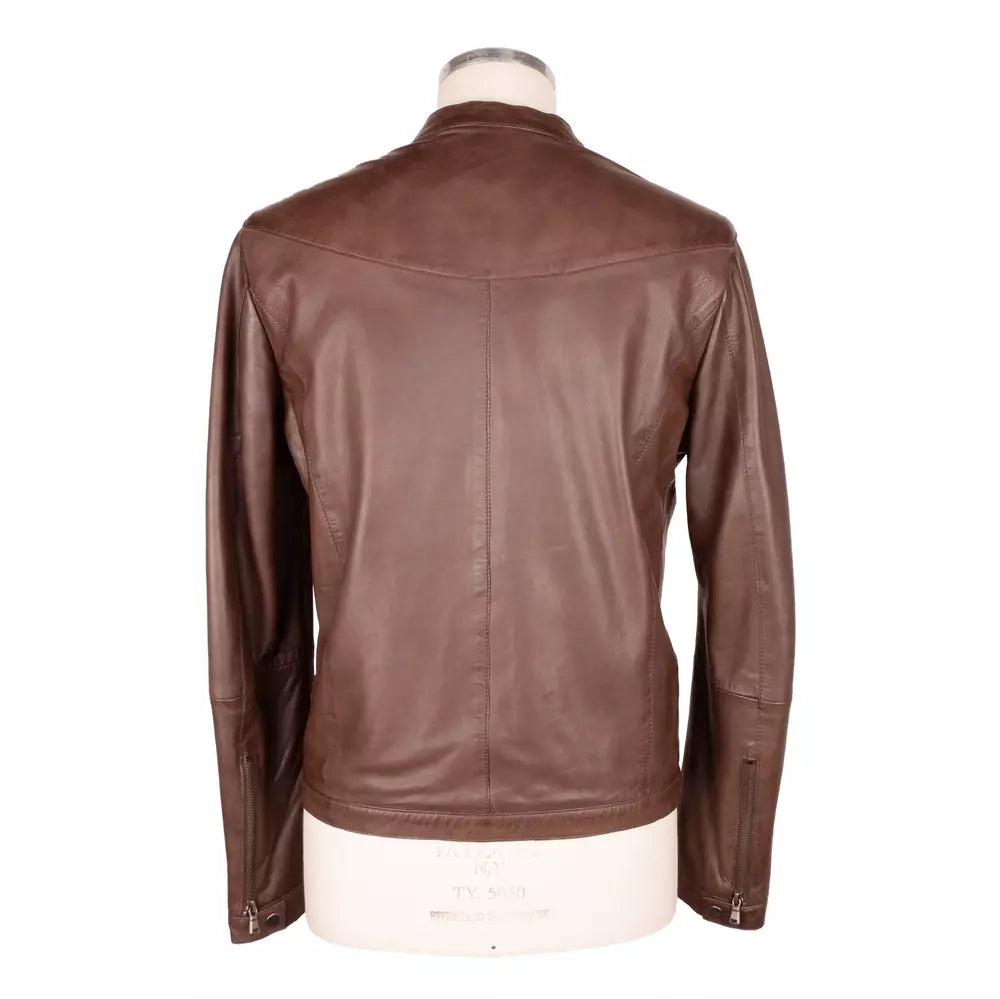 Elegant Brown Leather Jacket with Snap Collar - ventzia