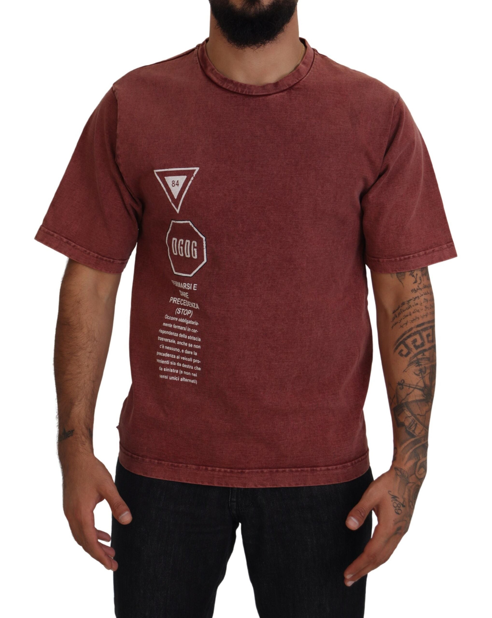 Maroon Print Round Neck Short Sleeves T-shirt - ventzia