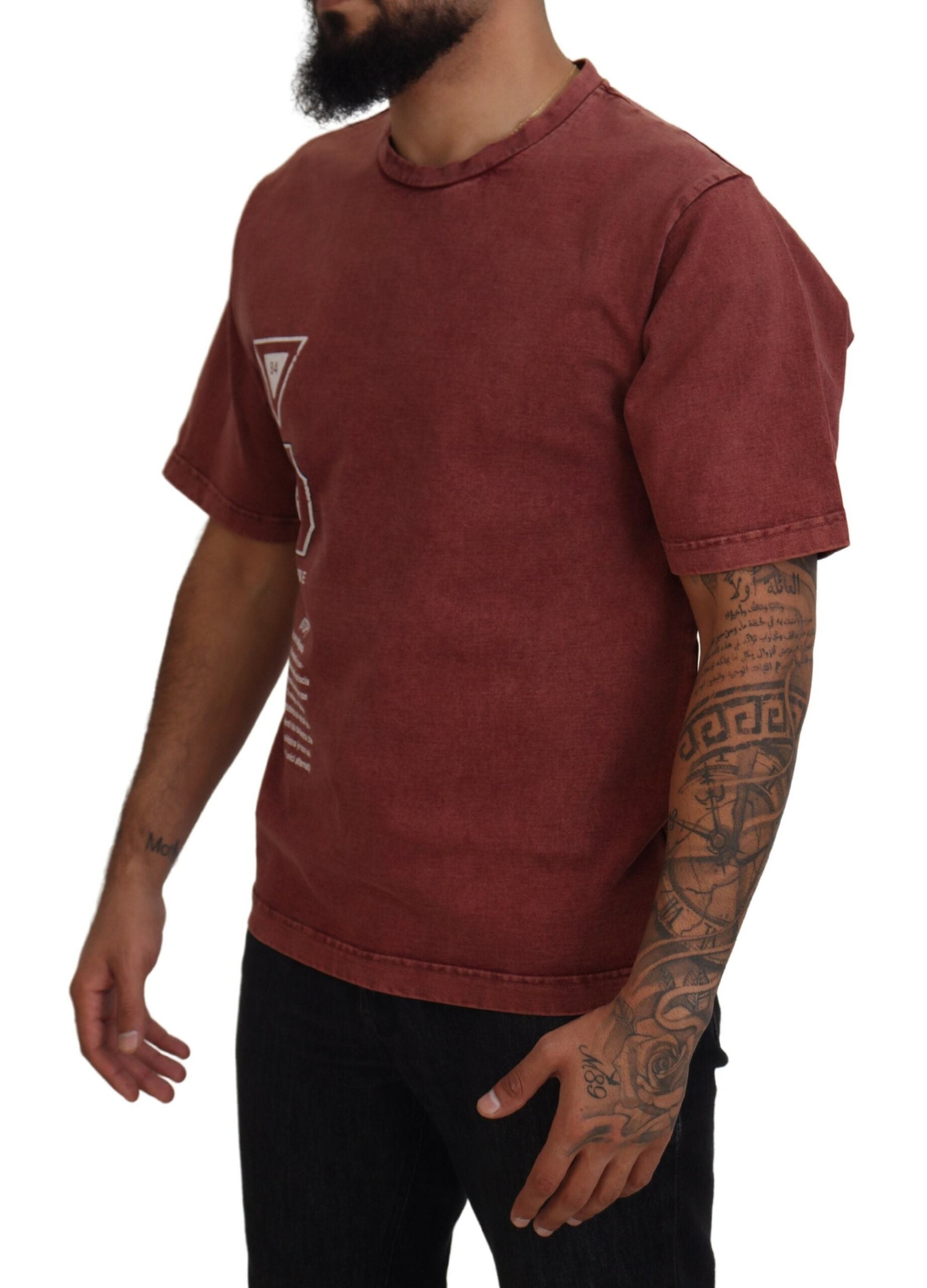 Maroon Print Round Neck Short Sleeves T-shirt - ventzia