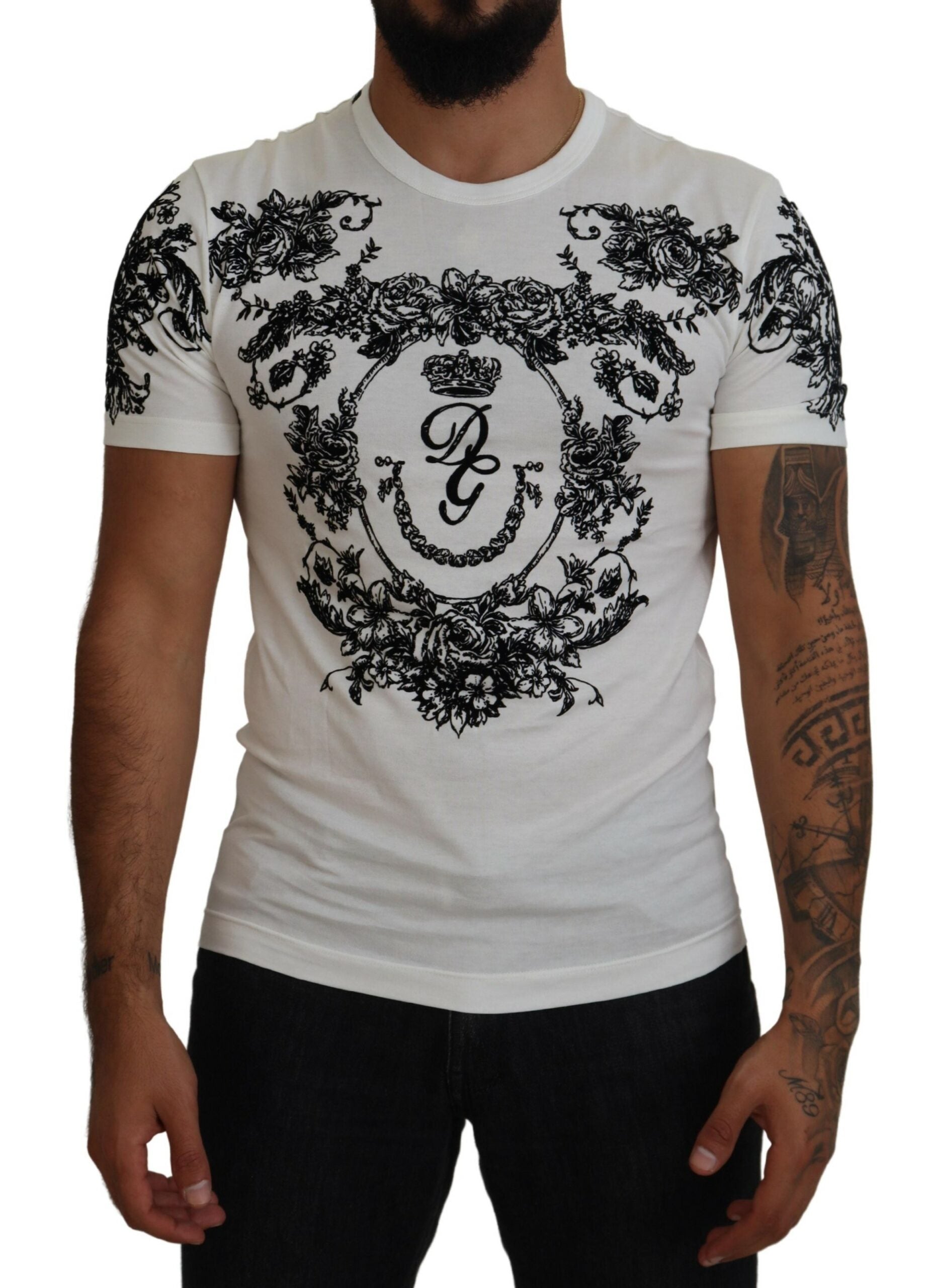 White DG Crown Floral Crewneck Men T-shirt - ventzia