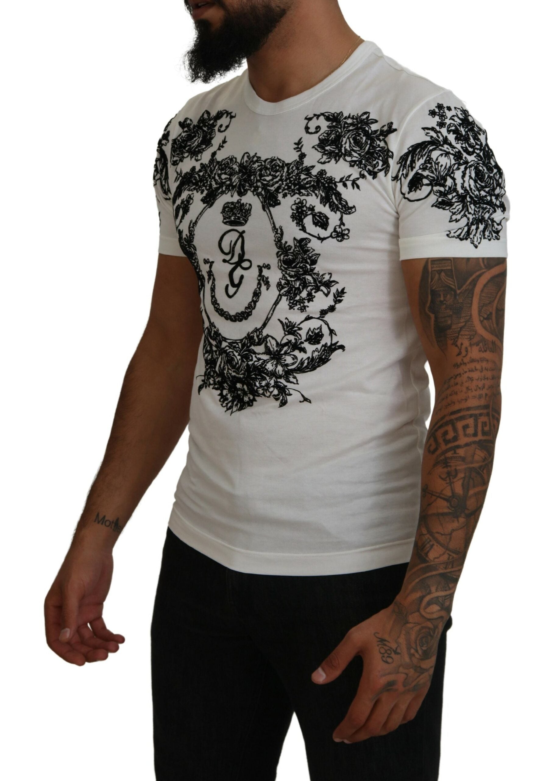 White DG Crown Floral Crewneck Men T-shirt - ventzia