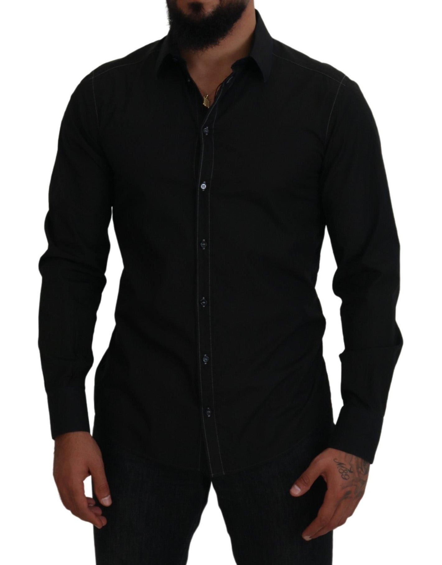 Black Cotton Collared Long Sleeve GOLD Shirt - ventzia