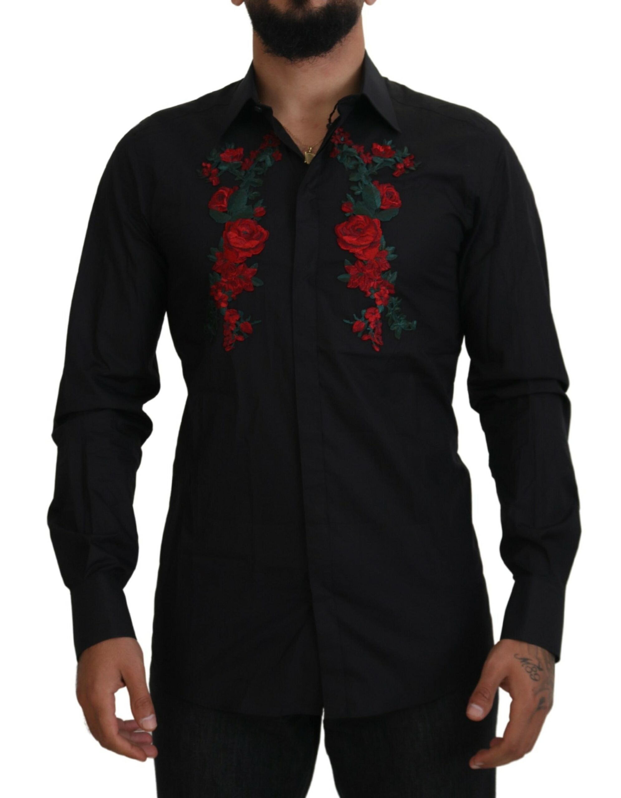 Black Floral Embroidery Men Long Sleeves GOLD Shirt - ventzia