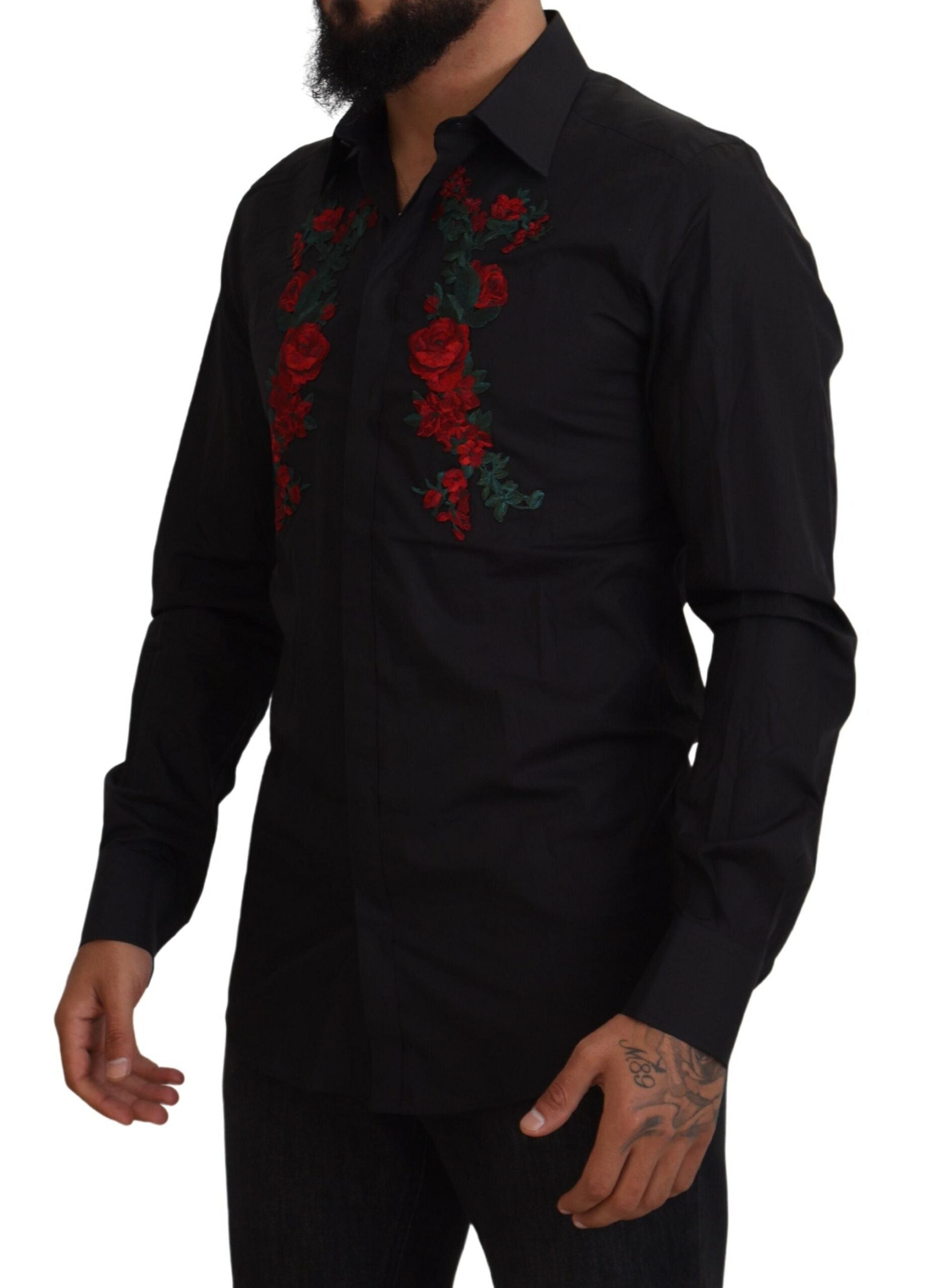 Black Floral Embroidery Men Long Sleeves GOLD Shirt - ventzia