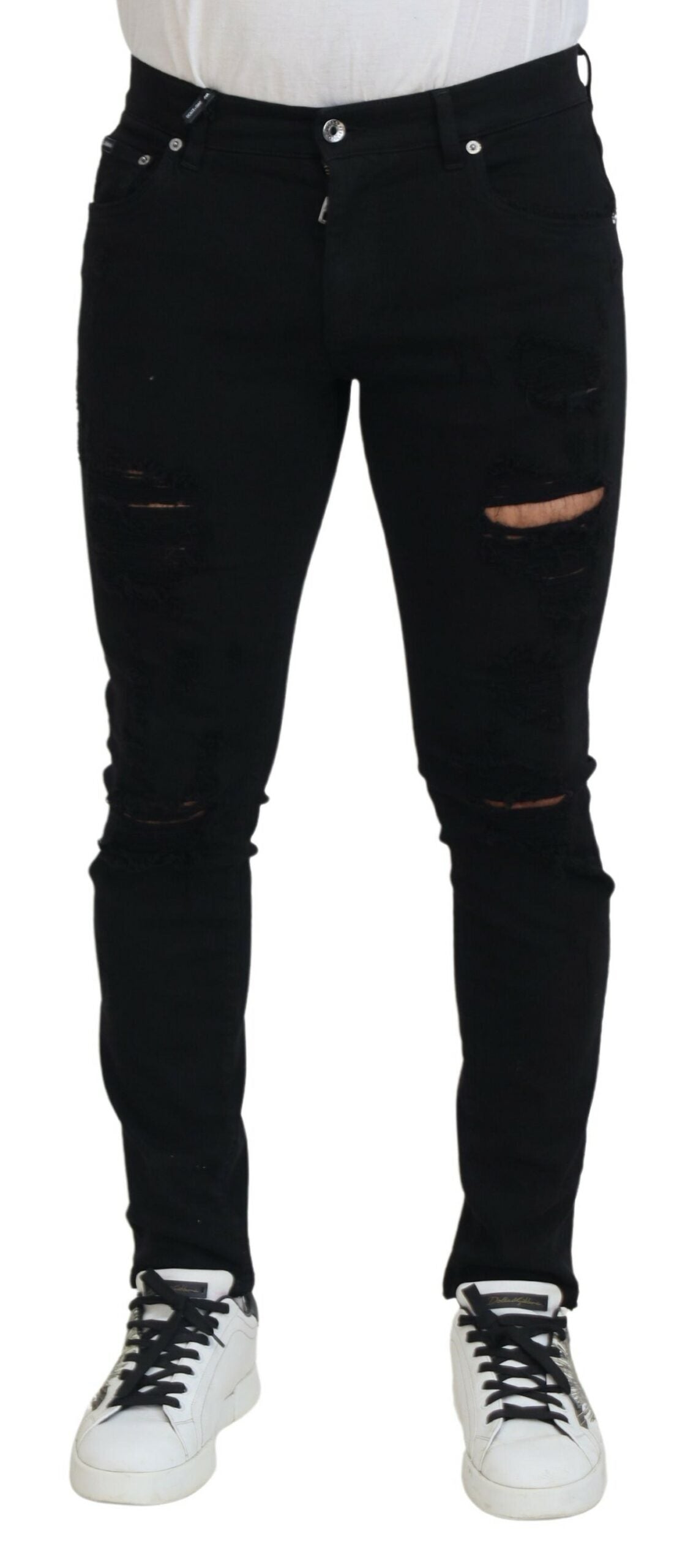 Black Slim Fit Tattered Denim Cotton Jeans - ventzia