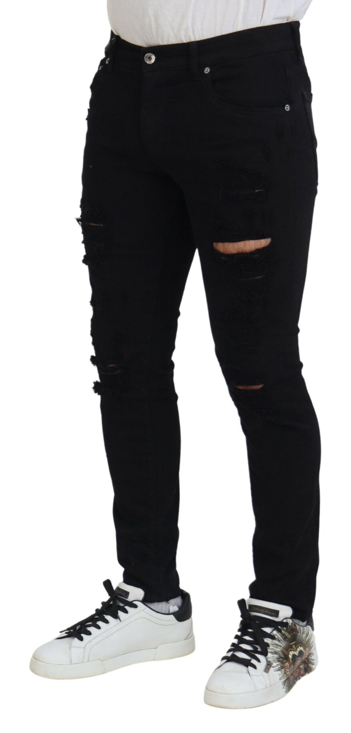 Black Slim Fit Tattered Denim Cotton Jeans - ventzia