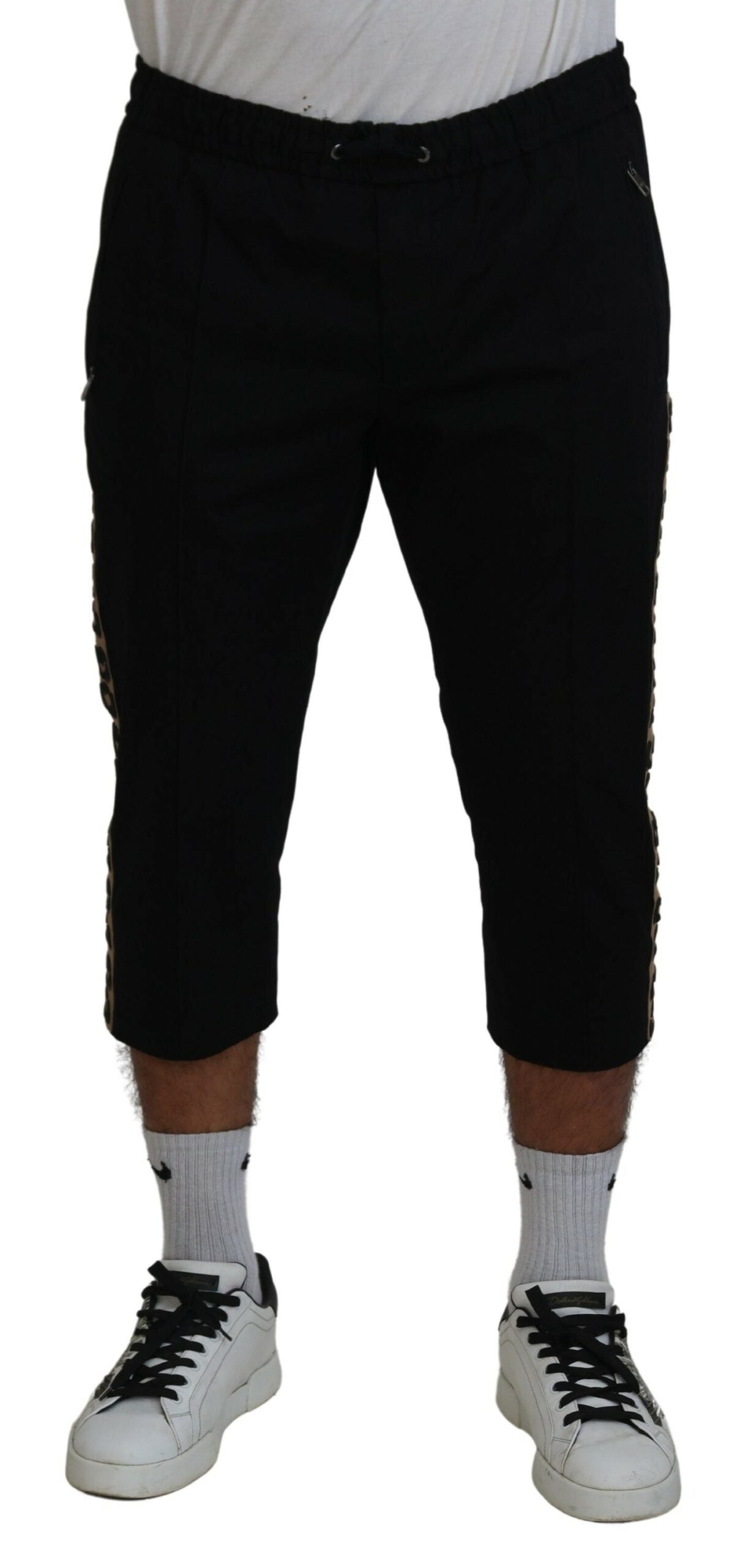 Black Cotton Elastic Waist DG Logo Cropped Pants - ventzia