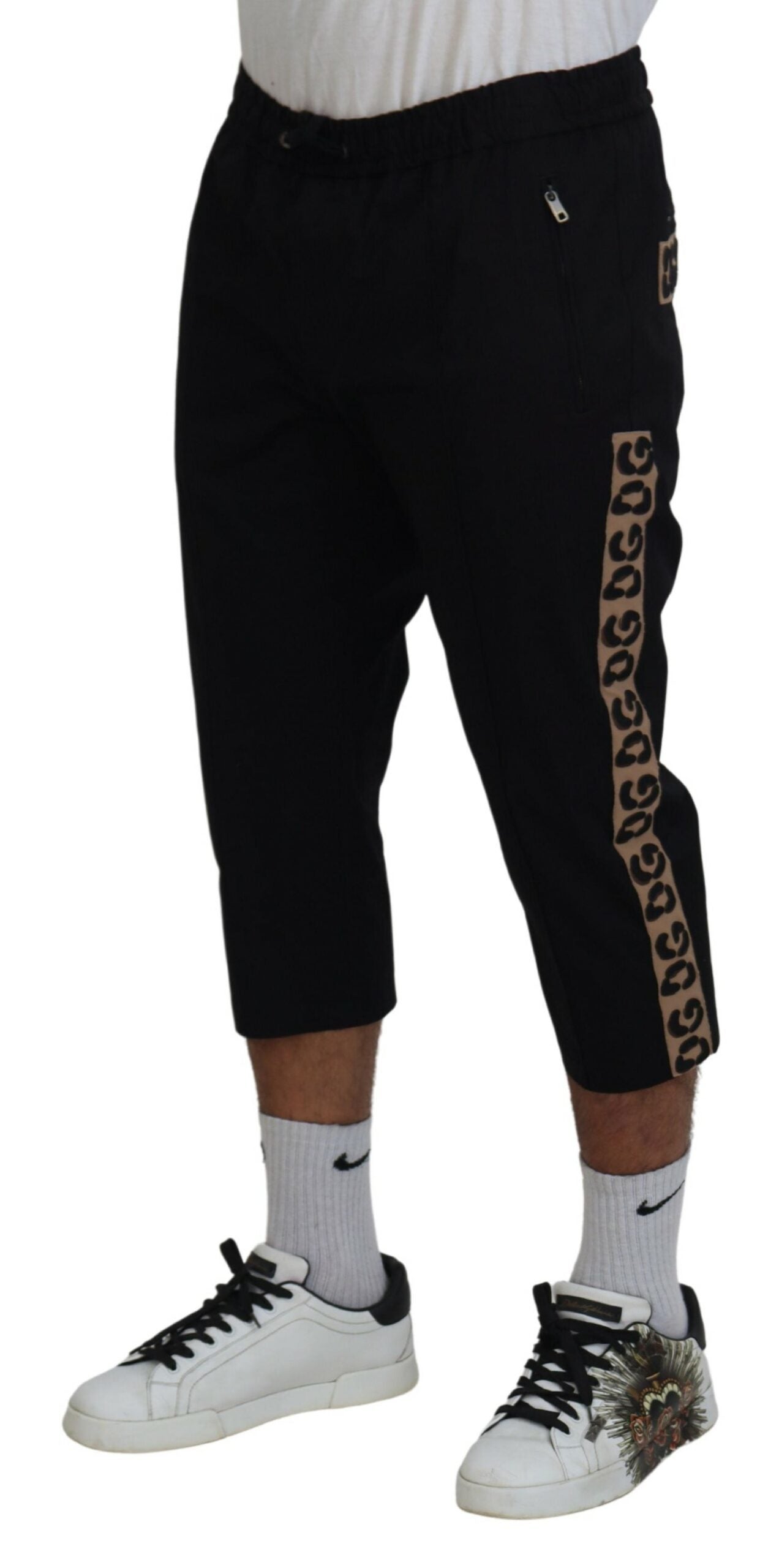 Black Cotton Elastic Waist DG Logo Cropped Pants - ventzia