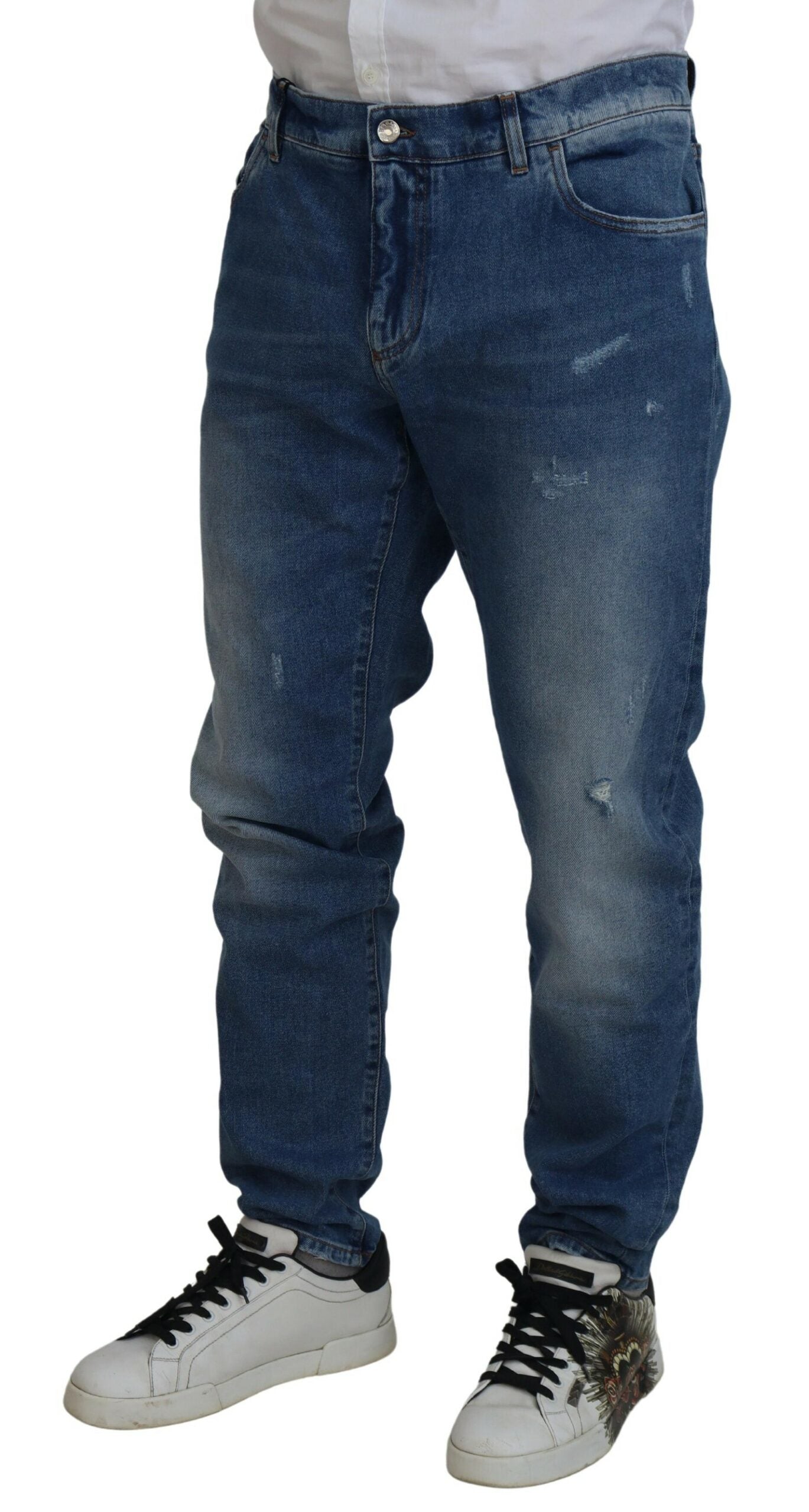 Blue Washed Skinny Cotton Denim Jeans - ventzia