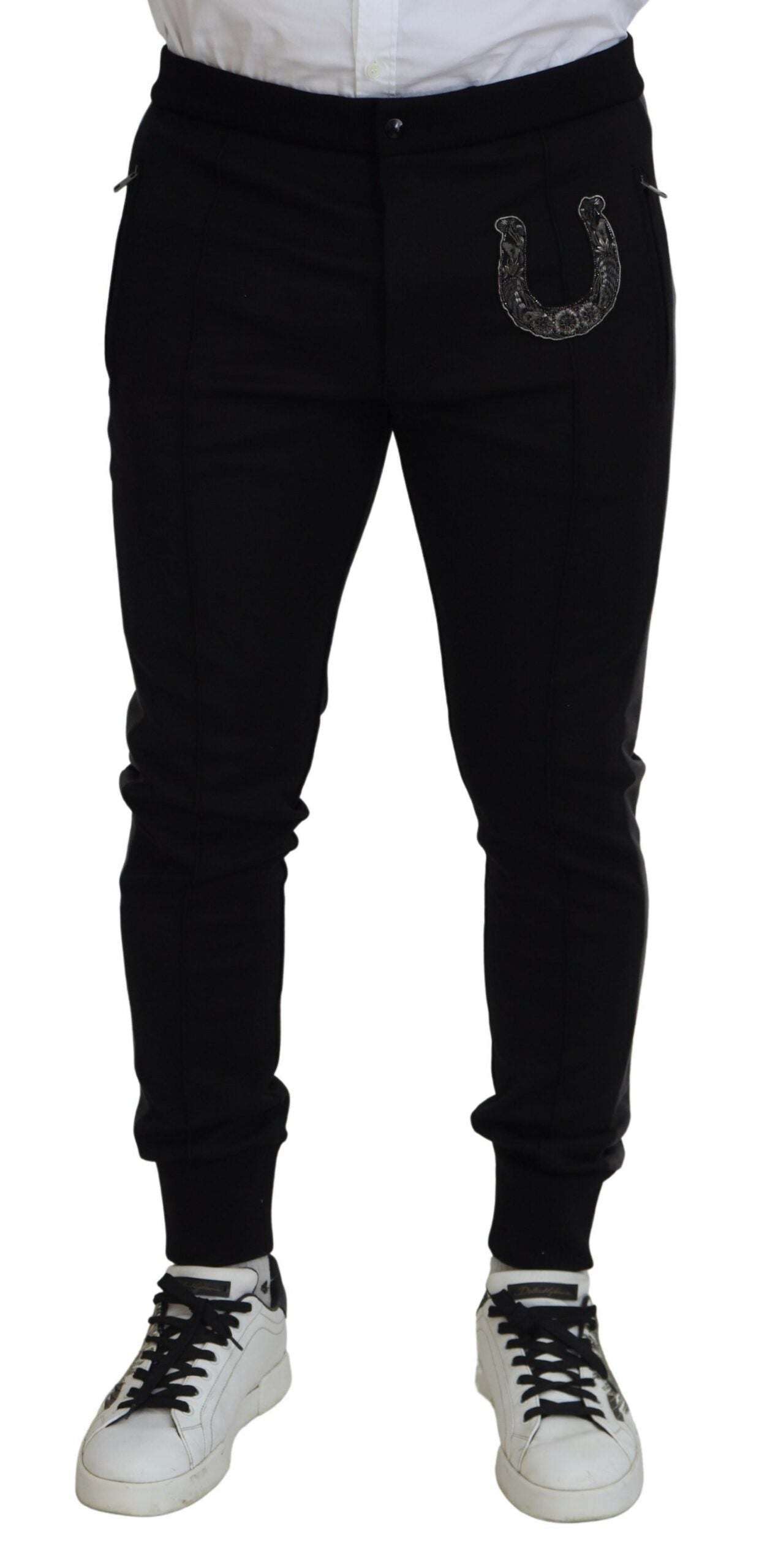 Black Wool Horseshoe Jogger Pants - ventzia