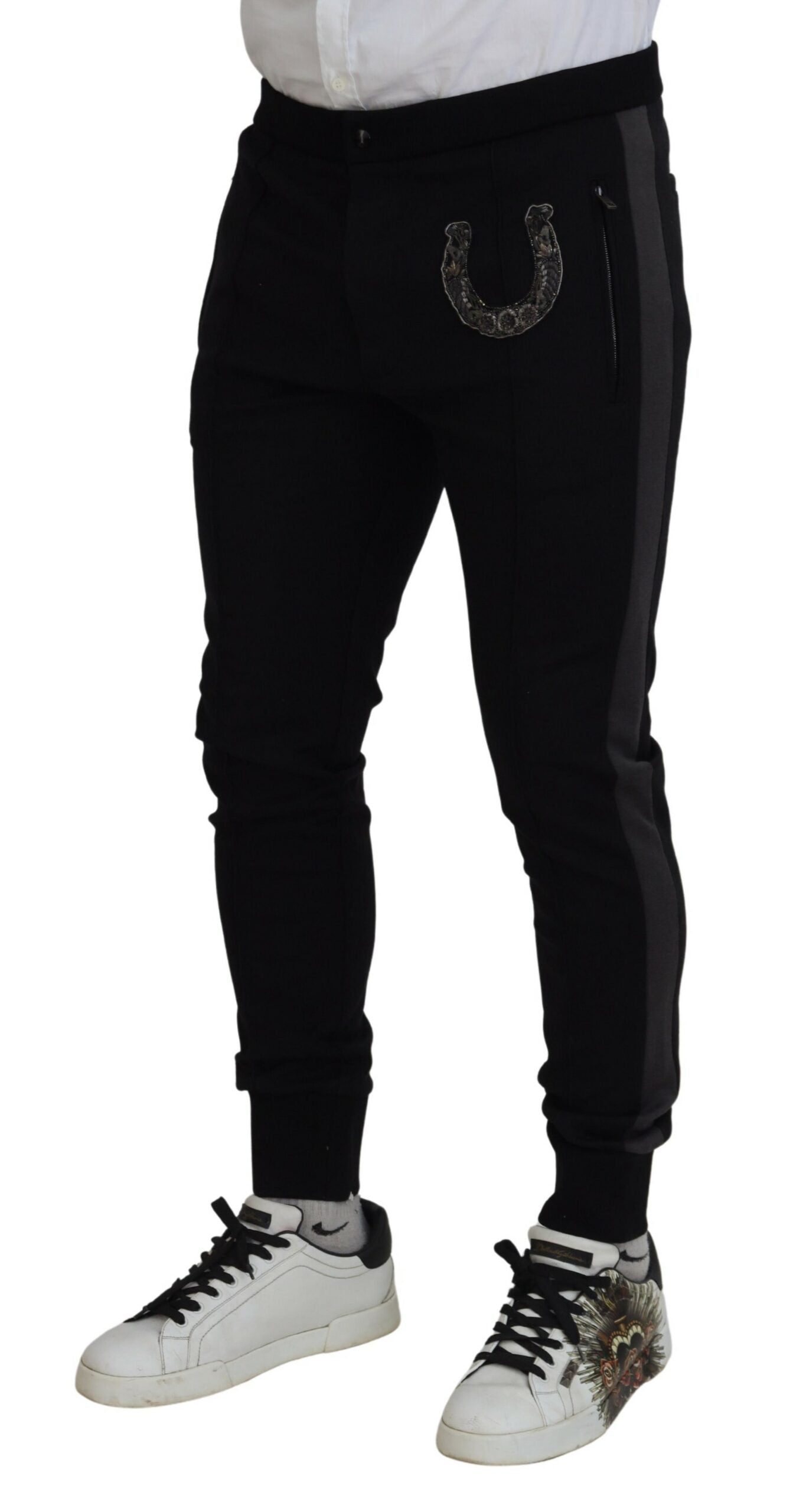 Black Wool Horseshoe Jogger Pants - ventzia