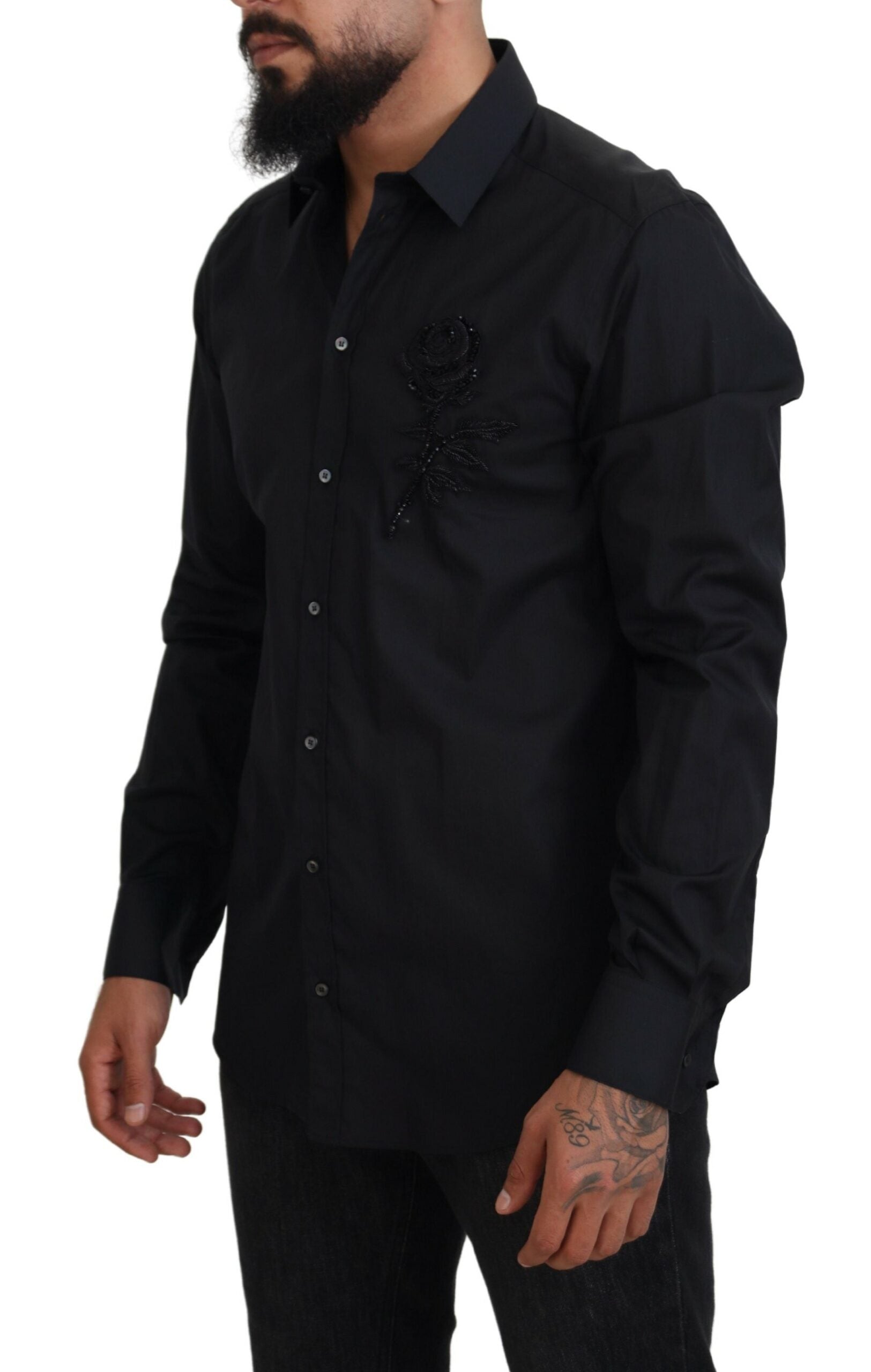 Black Roses Slim Fit Cotton Shirt - ventzia