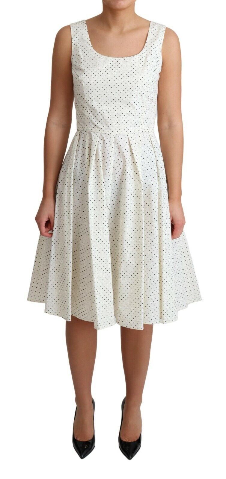 White Polka Dotted Cotton A-Line Dress - ventzia