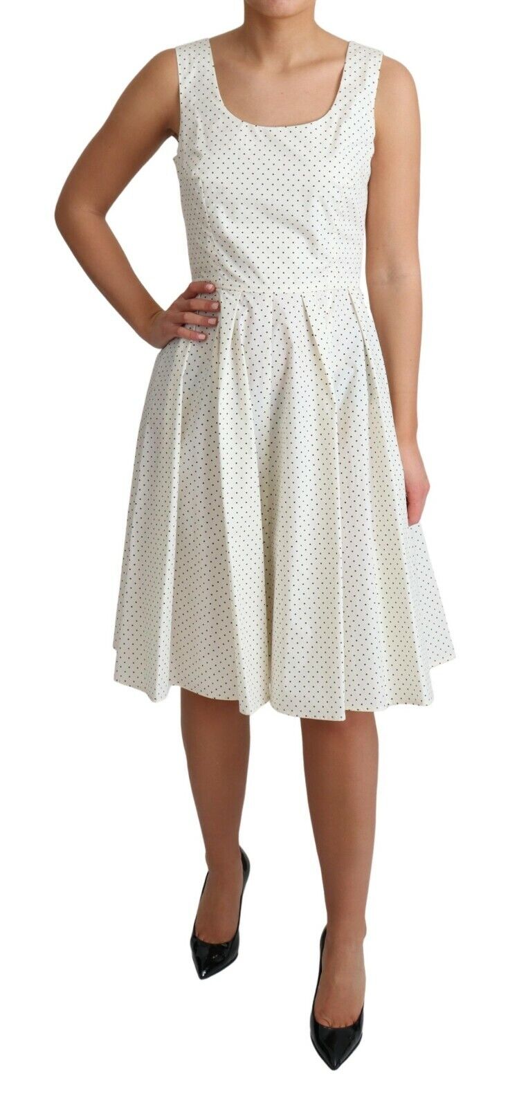 White Polka Dotted Cotton A-Line Dress - ventzia