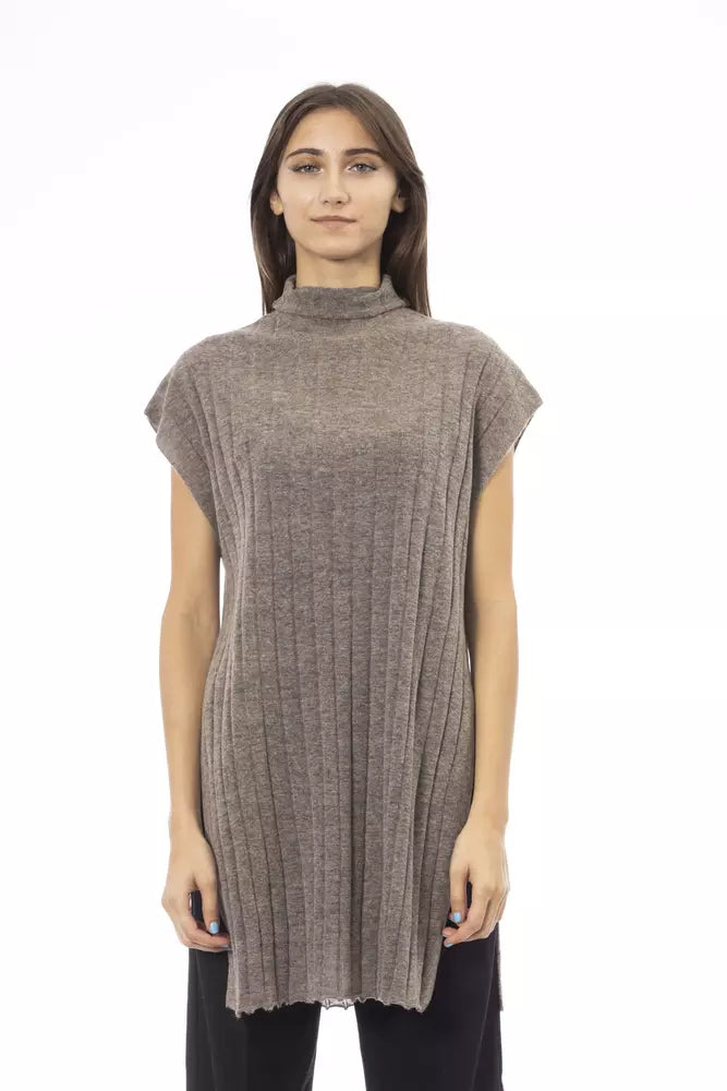 Brown Wool Women Sweater with Turtleneck and Side Slits