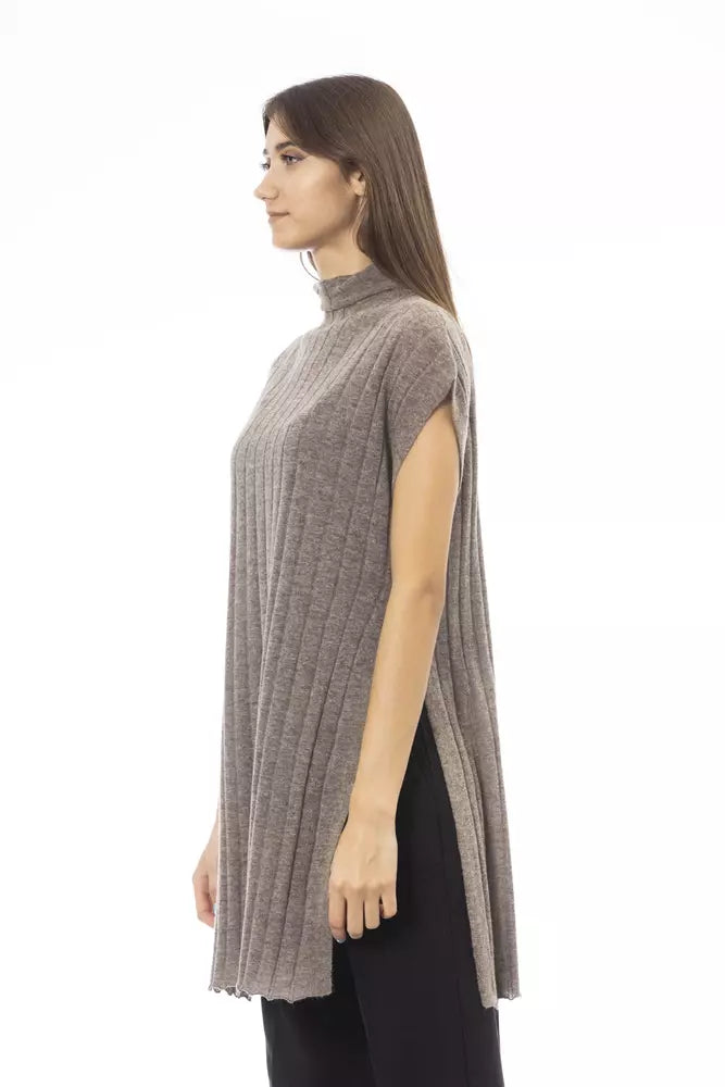 Brown Wool Women Sweater with Turtleneck and Side Slits