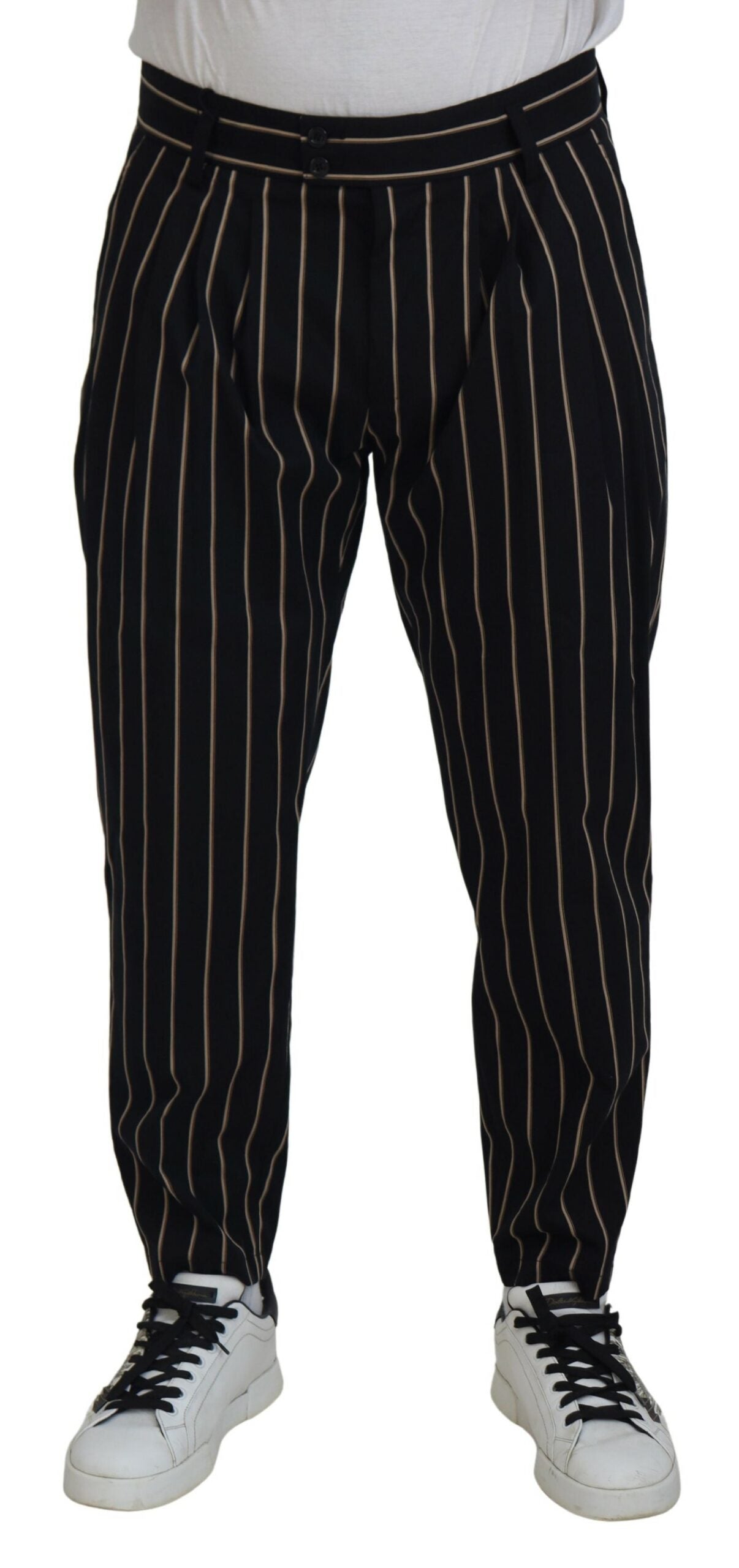 Black Beige Striped Cotton Stretch Pants - ventzia