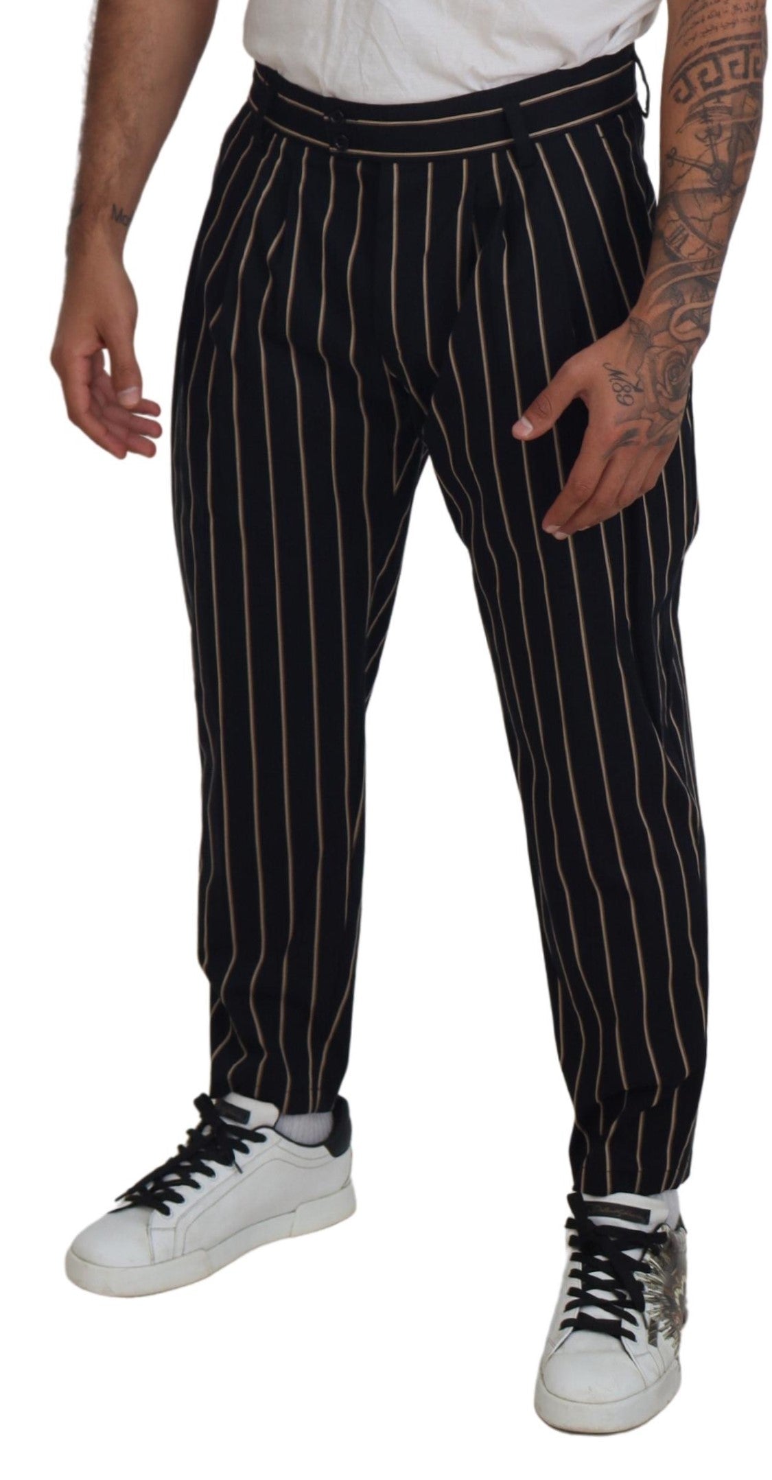 Black Beige Striped Cotton Stretch Pants - ventzia
