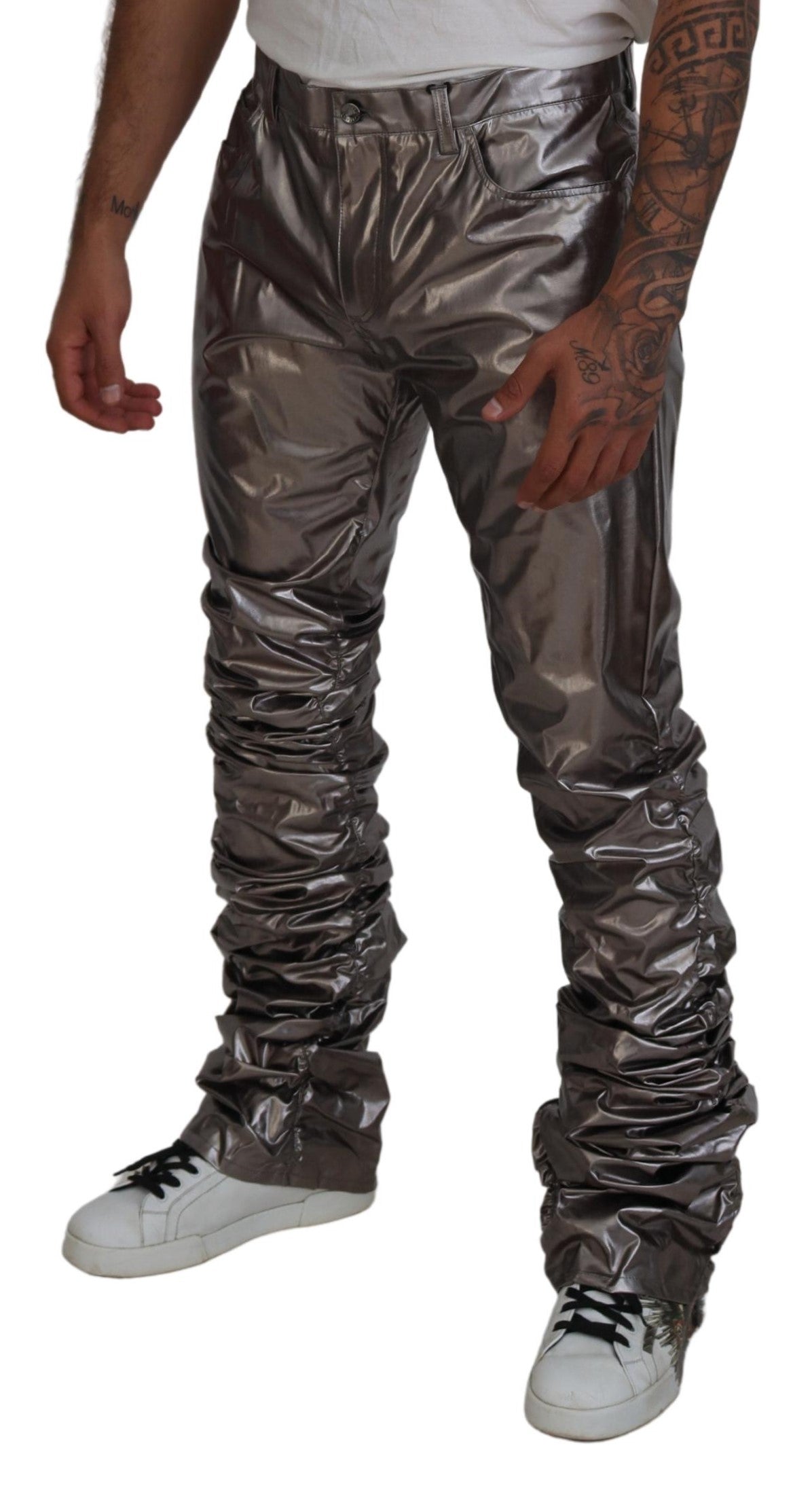 Silver Metallic Nylon Stretch Pants - ventzia